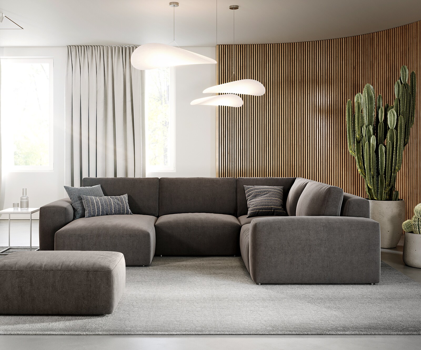 Grand canapé d’angle Lanzo 300x210 cm microfibre brun kaki méridienne réversible avec pouf