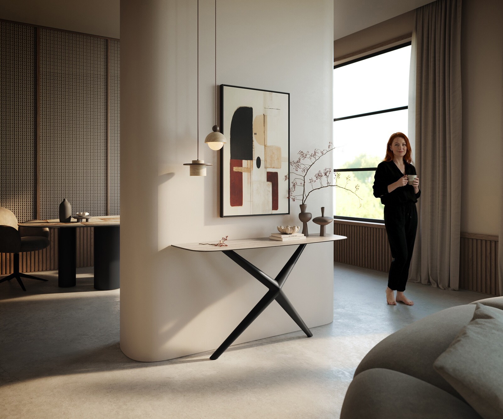 Console Edge forme bateau 140x40 cm Céramique Laminam® Travertino Bianco Creme-Weiß Estelo Métal Noir 7