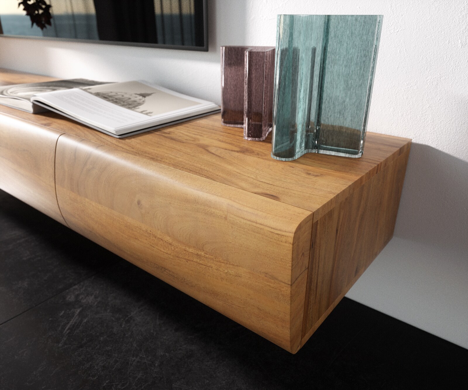 Meuble-TV New Live-Edge 240 cm acacia naturel 4 portes 1 compartiment pied en verre 4