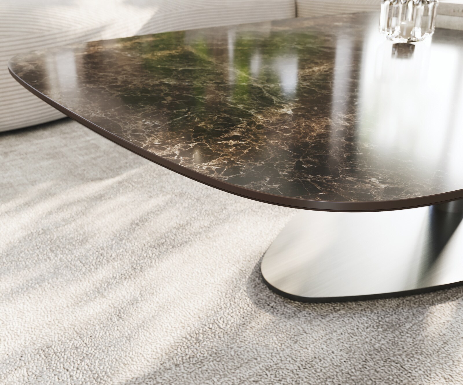 Table basse Edge Boot 140x80 cm céramique Laminam® Emperador Extra Lucidato brun foncé Vibany acier inoxydable brossé 6