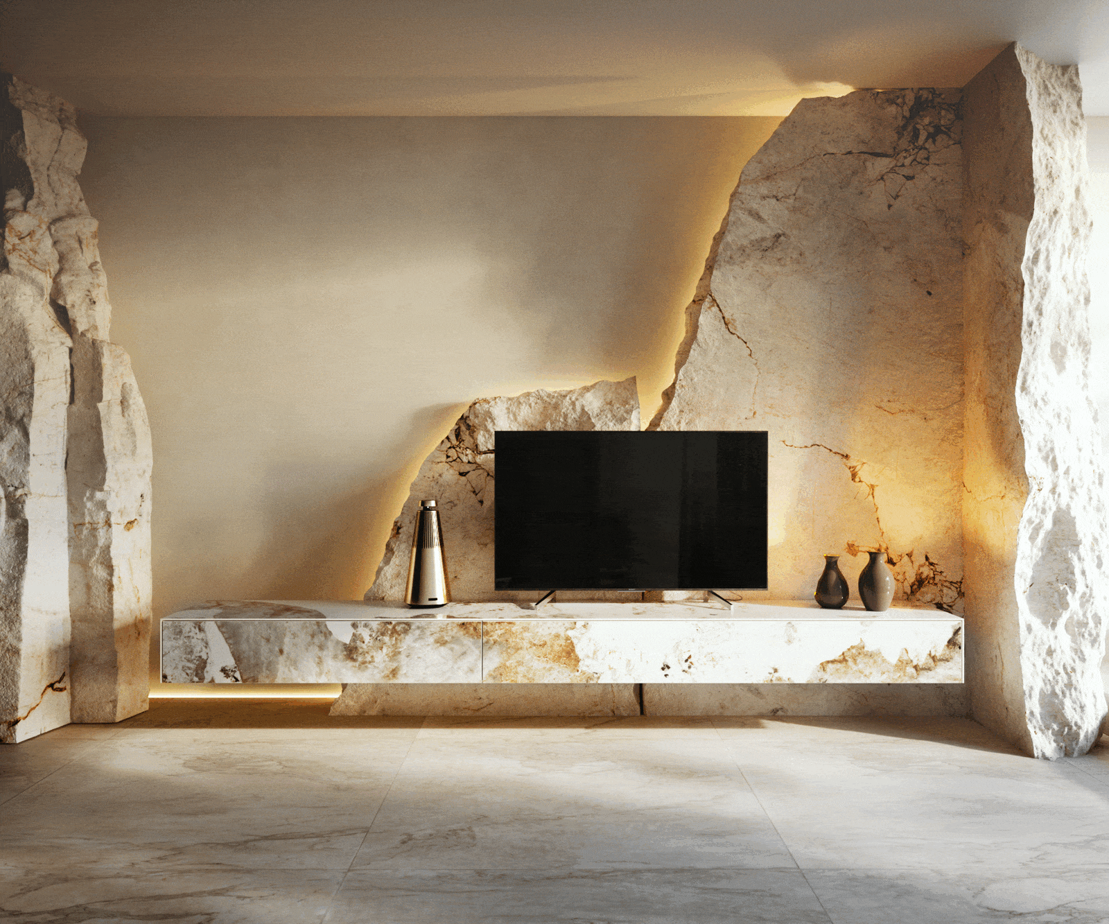 Meuble-TV Cuor 250 cm Céramique Minas Melange Blanc-beige 1 Clapet 1 Tiroir Flottant 6