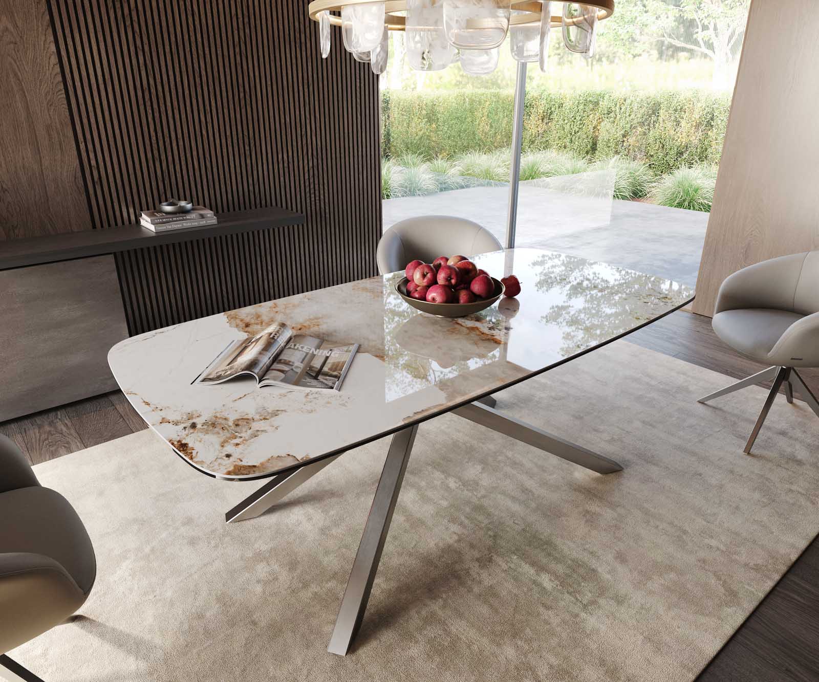 Table à manger Edge en forme de bateau 200x100 céramique Minas mélange blanc-beige cadre croisé rectangulaire acier inoxydable Table à manger Edge en forme de bateau 200x100 céramique Minas mélange blanc-beige cadre croisé rectangulaire acier inoxydable