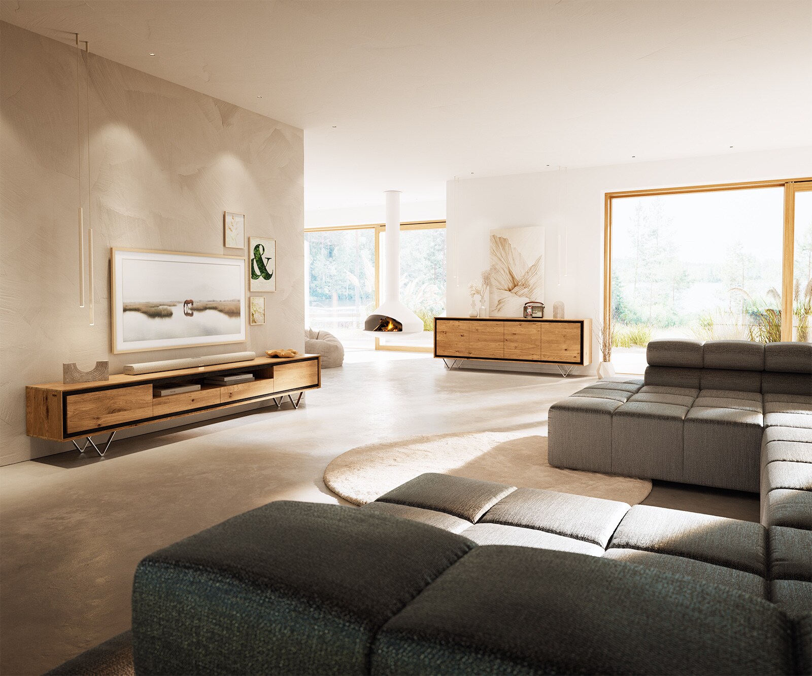 Buffet Stonegrace 200 cm Chêne Naturel 4 portes Placage pierre Flottant 5