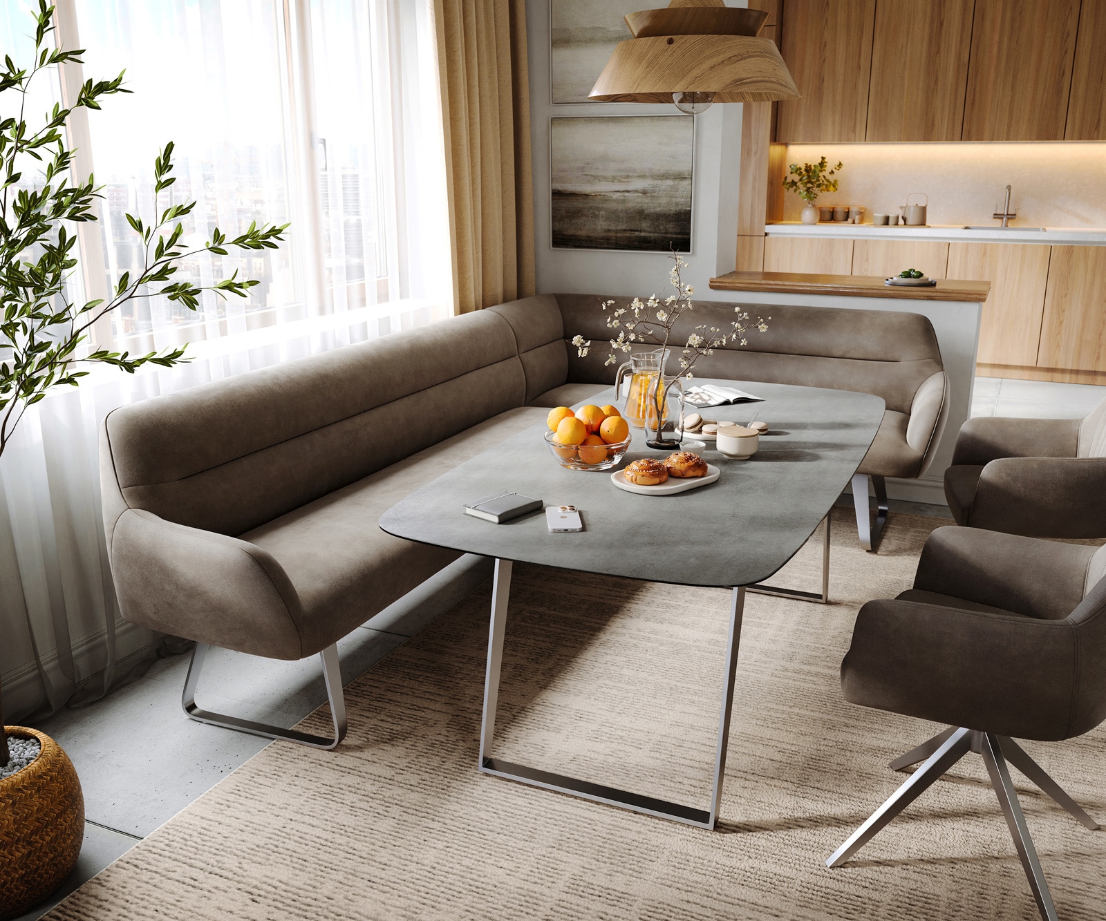 Banc-de-salle-à-manger Taya-Flex 285x190 cm microfibre taupe vintage châssis à patins plat acier inoxydable ressort ensaché liens 1