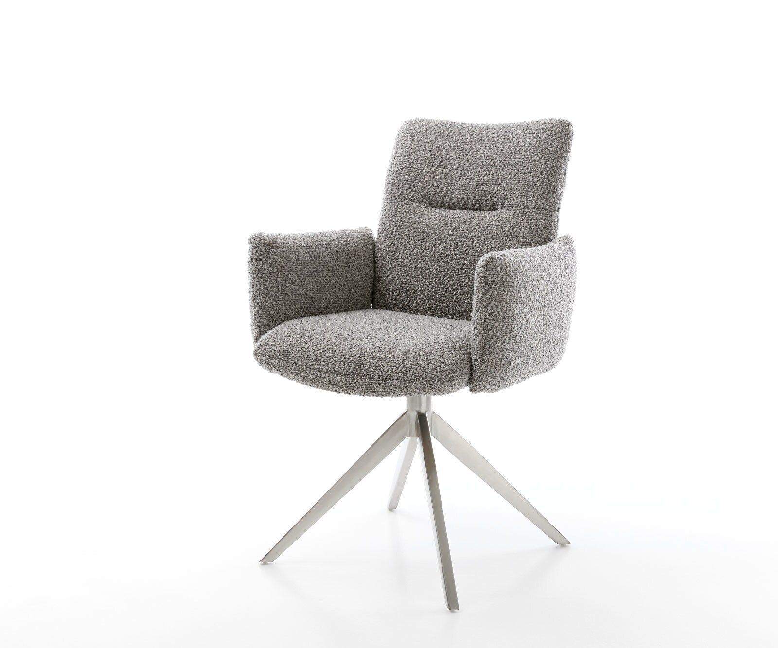 Chaise-pivotante Jova-Flex avec accoudoirs bouclé gris argenté pied croisé large acier inoxydable brossé pivotement sur 360° ressorts ensachés