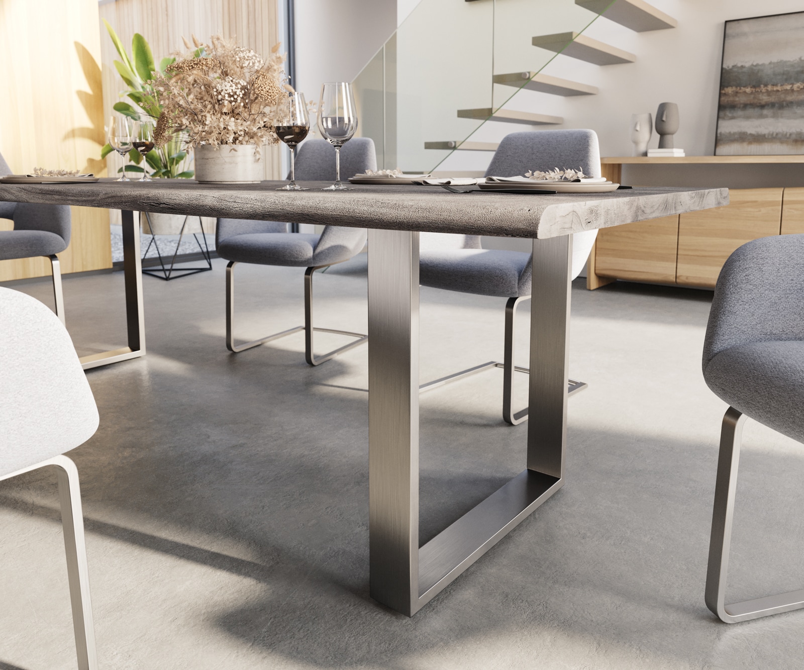 Table-à-manger Edge 260x100 acacia platine acier inoxydable mince Live-Edge 3 Table-à-manger Edge 260x100 acacia platine acier inoxydable mince Live-Edge 3