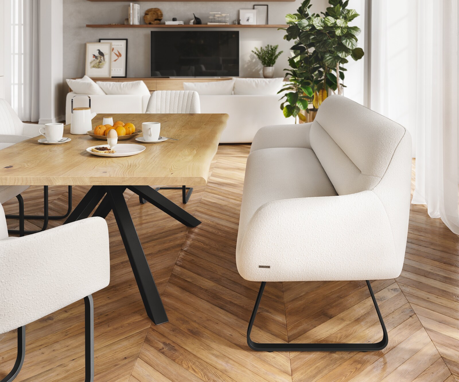 Banc-de-salle-à-manger Taya-Flex 200 cm bouclé crème-blanc châssis à patins plat noir ressort ensaché 2