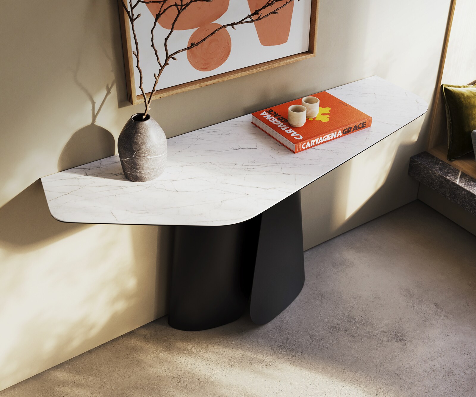 Console Edge Polygonal 140x50 cm Céramique Laminam® Statuarietto Weiß Livos Métal Noir 2