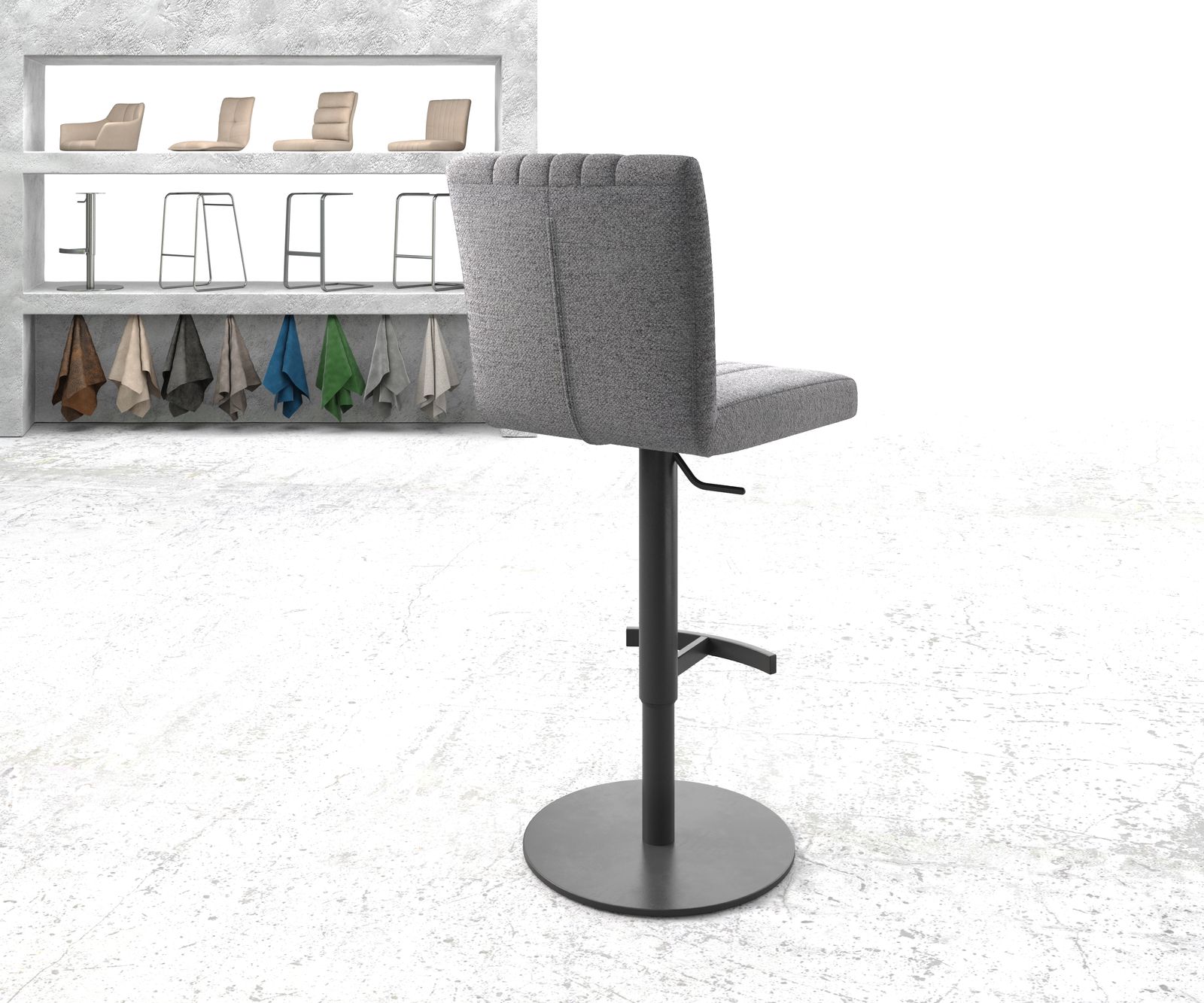 Chaise-de-bar Luiga-Flex tissu texturé gris clair pied pivotant réglable en hauteur métal 3