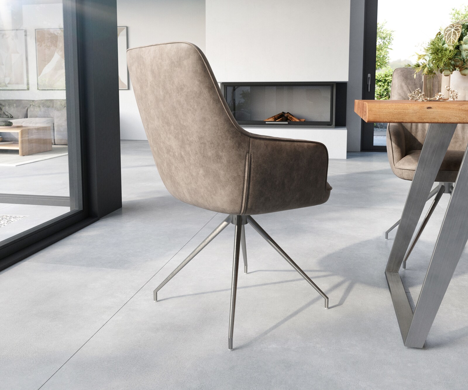 Chaise-de-salle-à-manger Zelia-Flex avec accoudoirs microvelours taupe vintage pied croisé conique acier inoxydable brossé ressorts ensachés 4