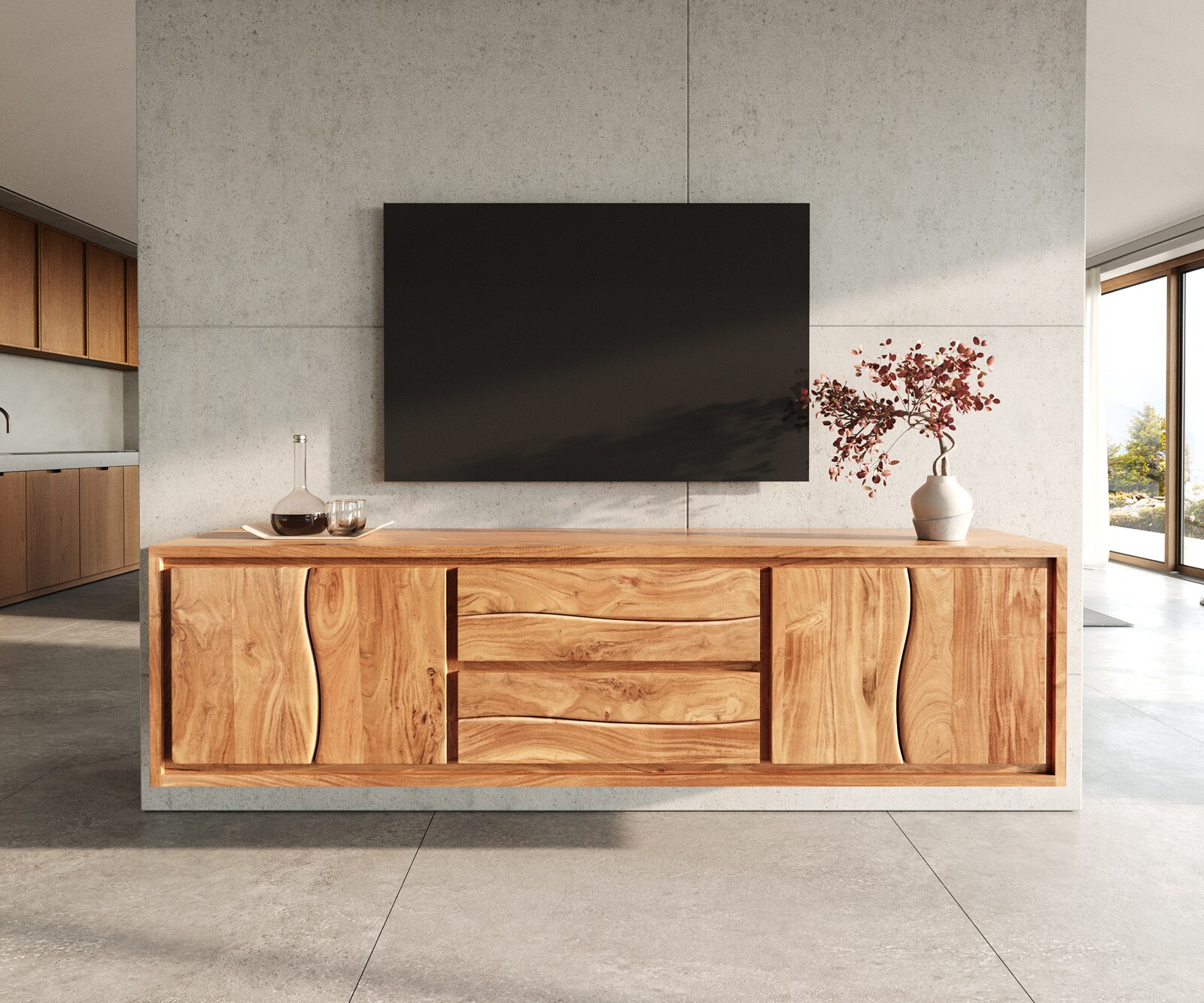Meuble-TV Live-Edge 200 cm acacia naturel 4 portes 2 tiroirs suspendus 1