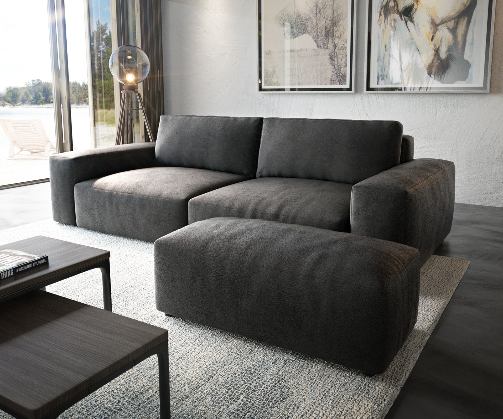 Grand Canapé Lanzo XL 270x130 cm imitation cuir vintage anthracite avec Tabouret Grand Canapé Lanzo XL 270x130 cm imitation cuir vintage anthracite avec Tabouret