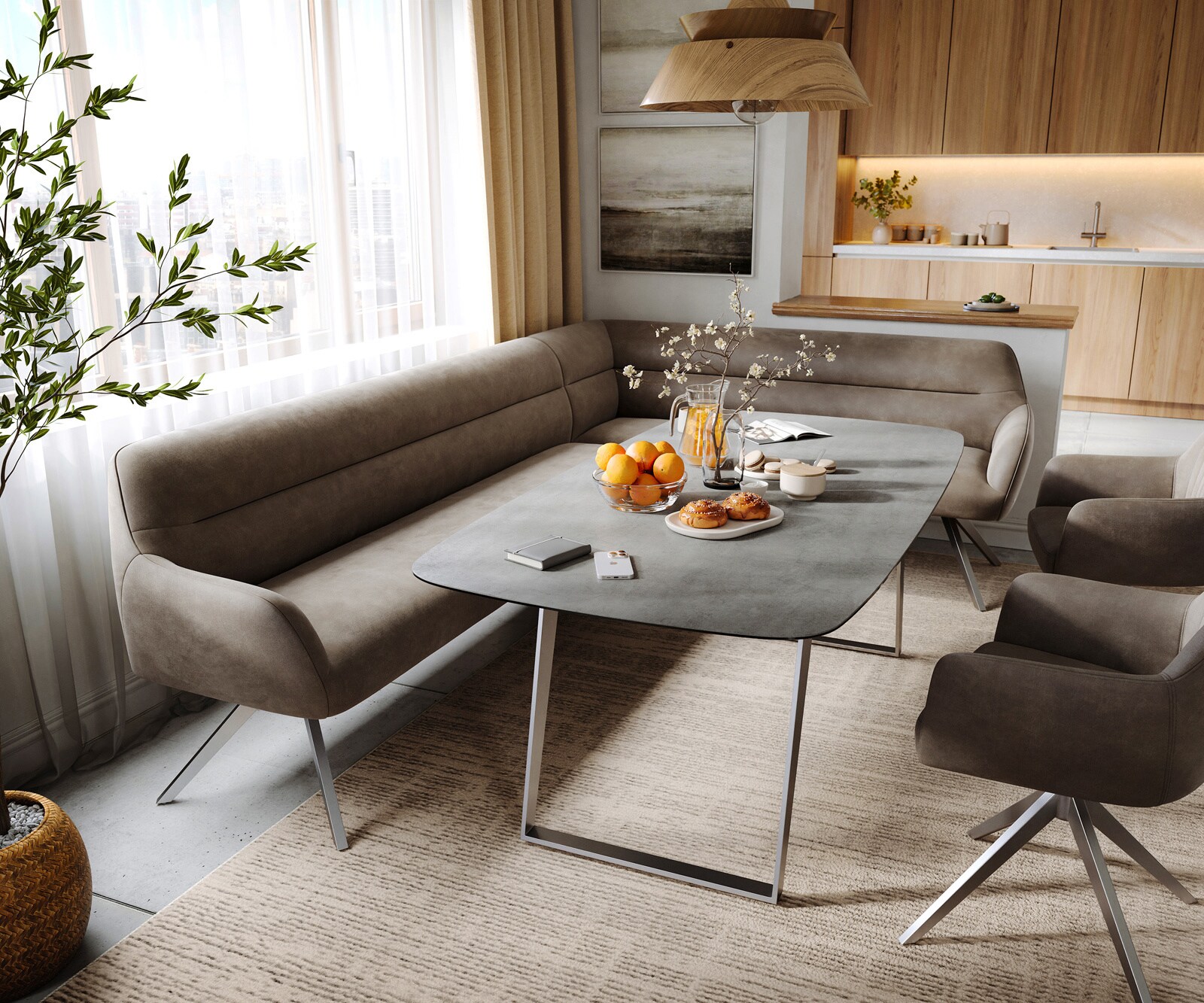 Banc-de-salle-à-manger Taya-Flex 285x190 cm microfibre taupe vintage pied croisé angulaire acier inoxydable ressort ensaché liens 1