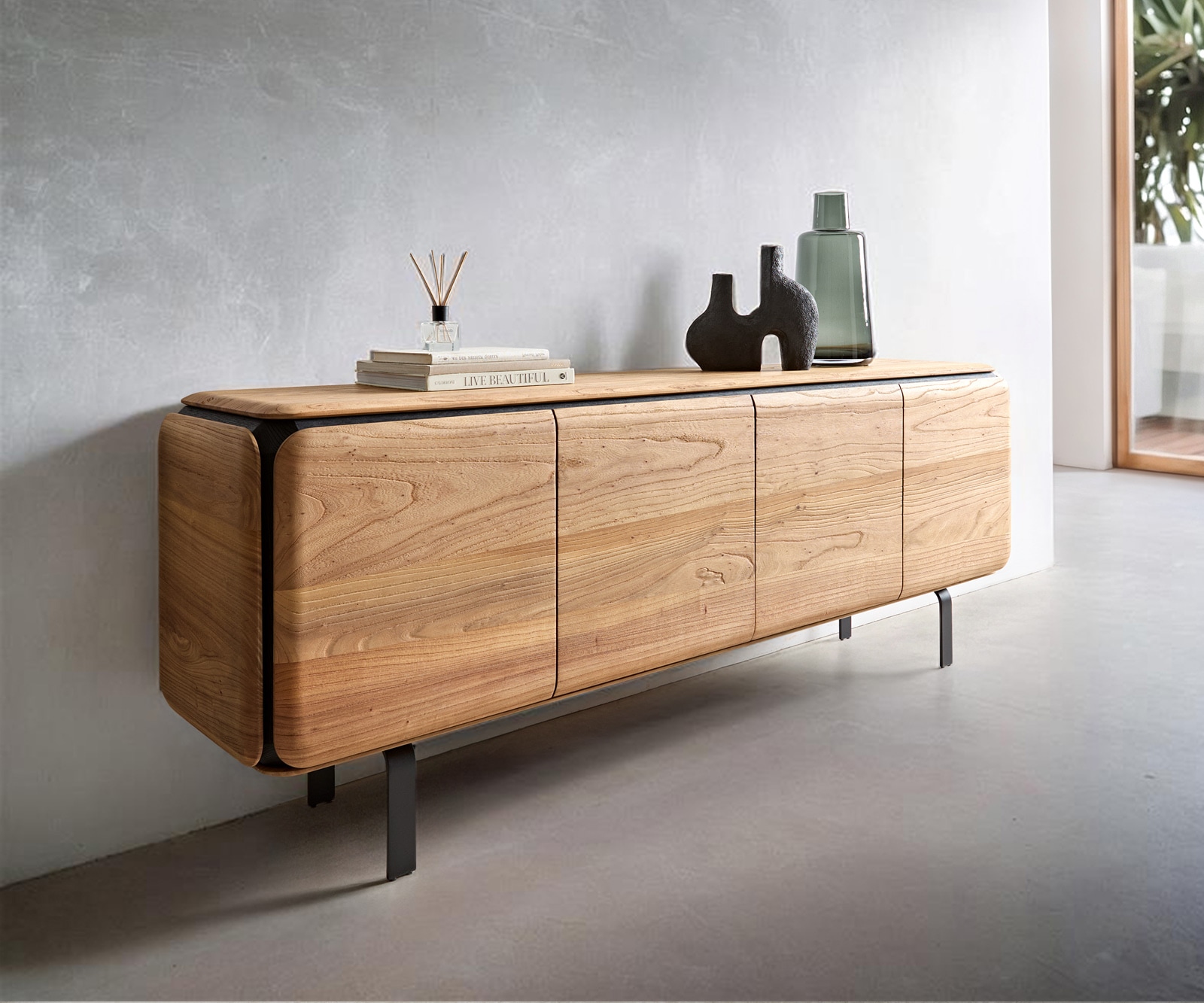 Buffet Giacinto 180 cm orme naturel 4 portes pied en L noir Buffet Giacinto 180 cm orme naturel 4 portes pied en L noir