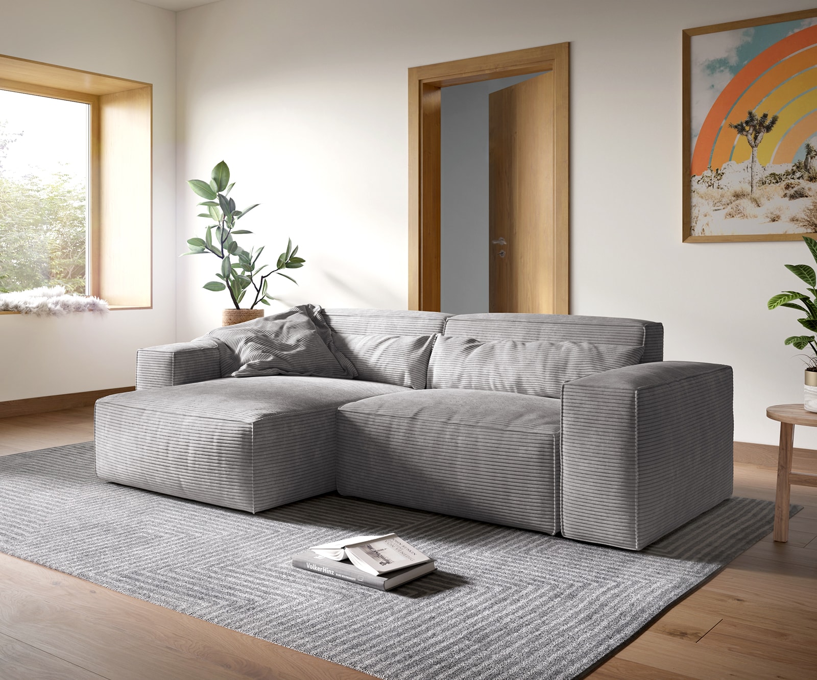 Canapé d'angle Sirpio XL 270x170 cm Velours côtelé Gris argenté Recamiere variable Canapé d'angle Sirpio XL 270x170 cm Velours côtelé Gris argenté Recamiere variable