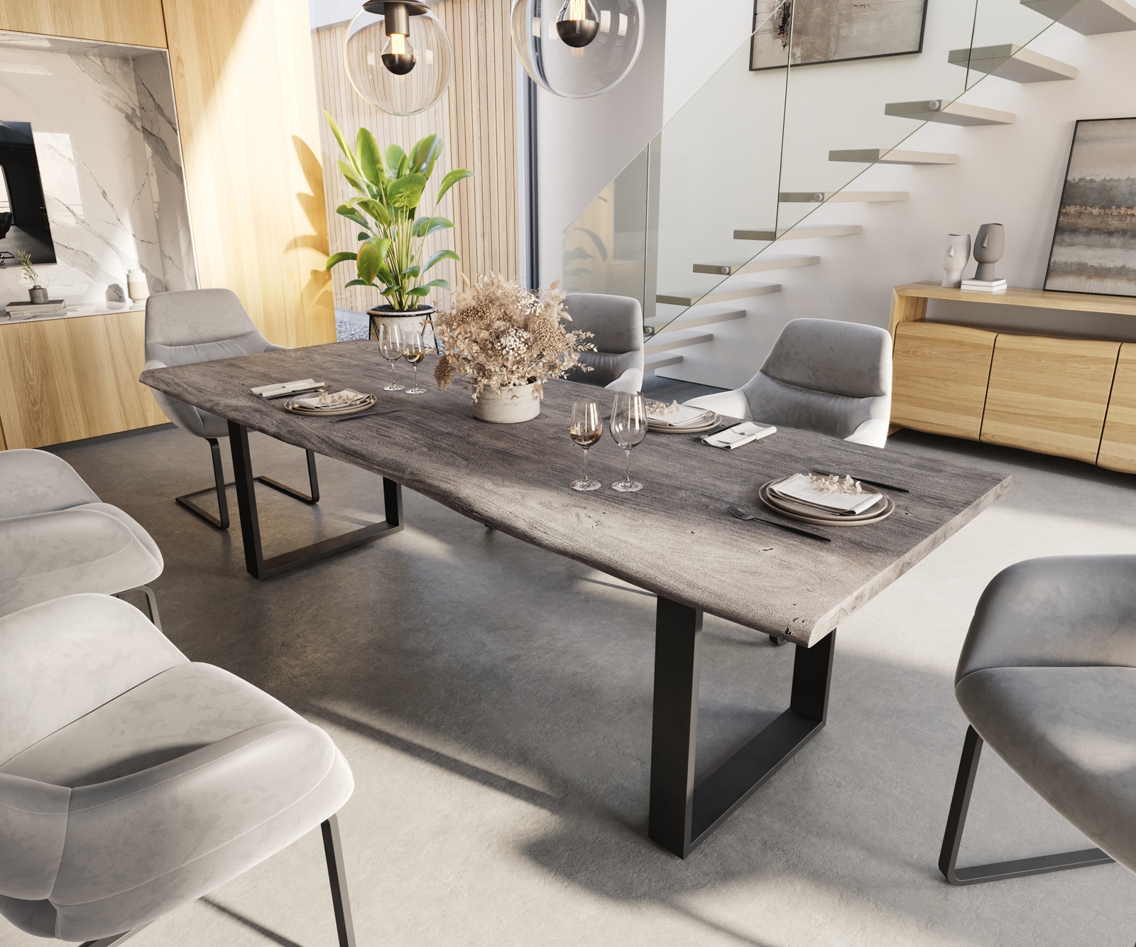 Table à manger Edge 260x100 acacia platine cadre traîneau noir Live-Edge Table à manger Edge 260x100 acacia platine cadre traîneau noir Live-Edge