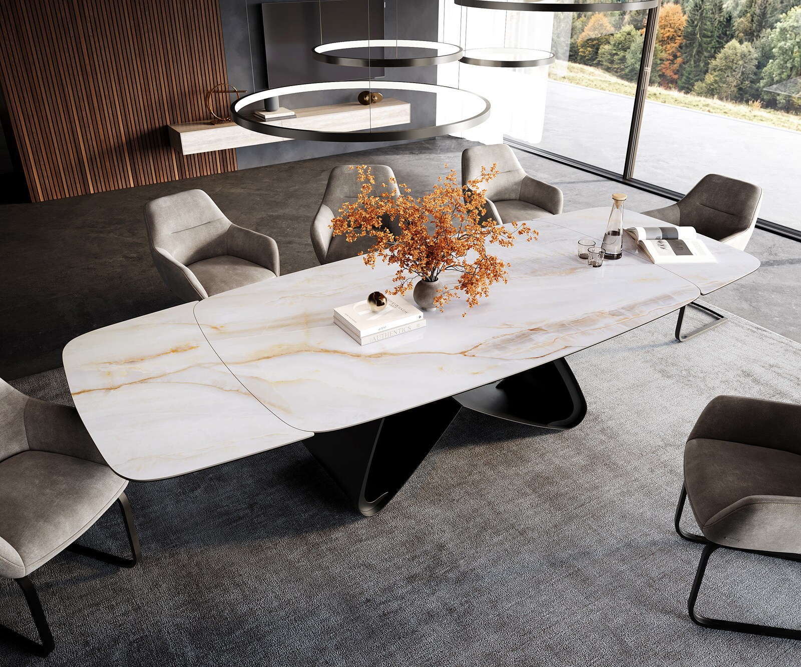 Table à manger Edge Boot 200-300x120 cm Céramique Onyx Pearl piètement en W Métal Noir extensible 4