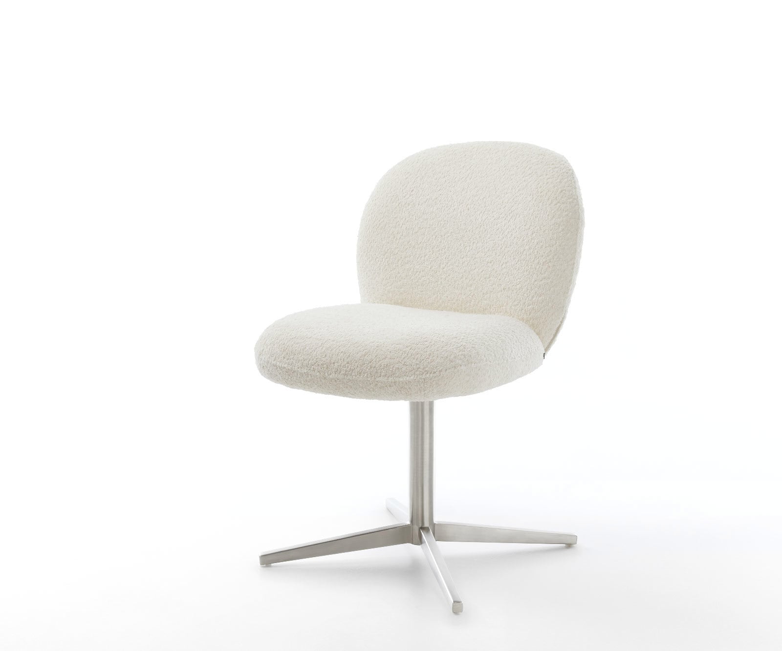 Chaise-pivotante Nube-Flex bouclé blanc pied de chaise 4 branches acier inoxydable brossé pivotement sur 360° ressorts ensachés Chaise-pivotante Nube-Flex bouclé blanc pied de chaise 4 branches acier inoxydable brossé pivotement sur 360° ressorts ensachés