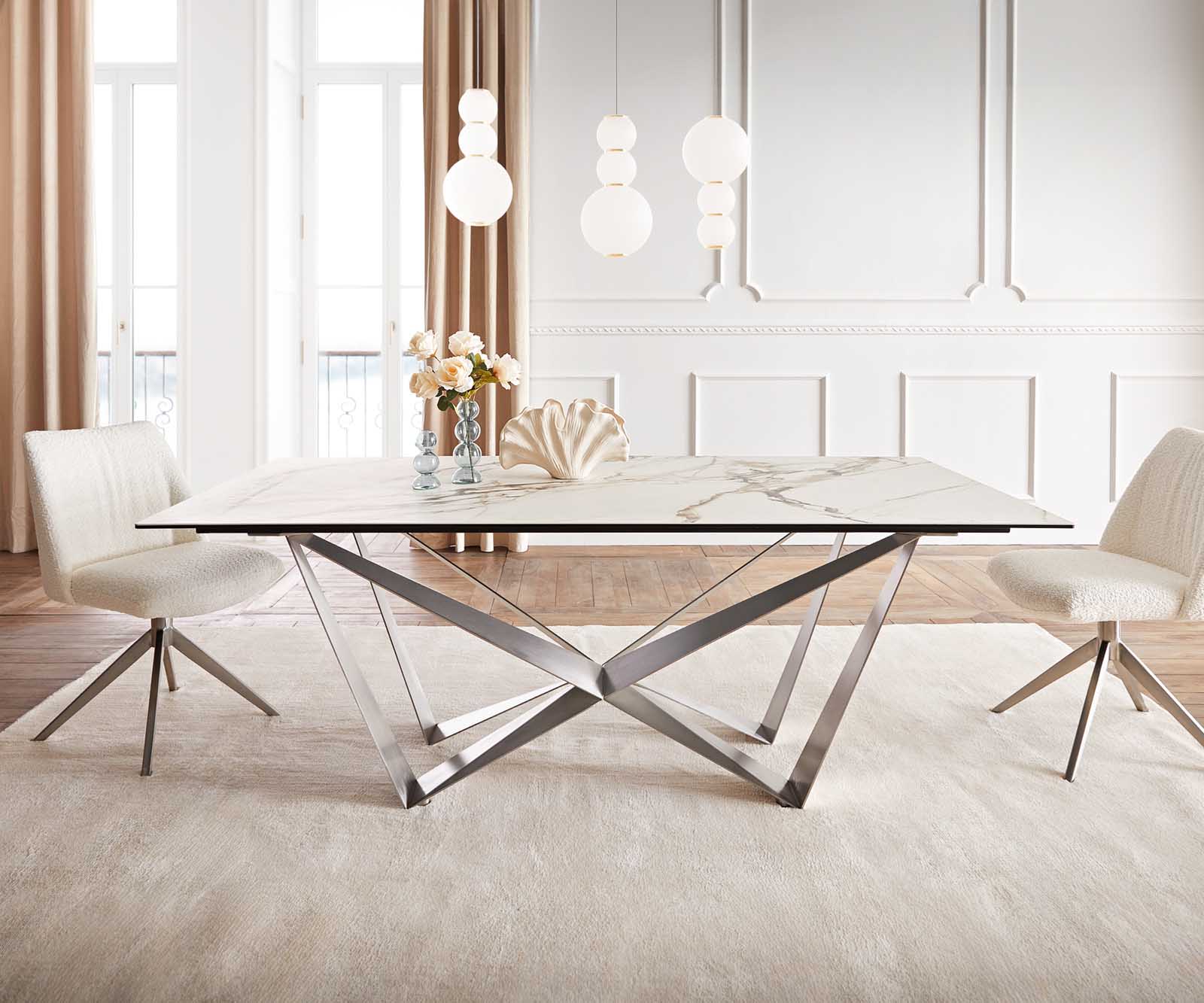 Table à manger Edge 200x100 céramique Calacatta Luxe blanc-doré-gris Spider acier plat acier inoxydable Table à manger Edge 200x100 céramique Calacatta Luxe blanc-doré-gris Spider acier plat acier inoxydable