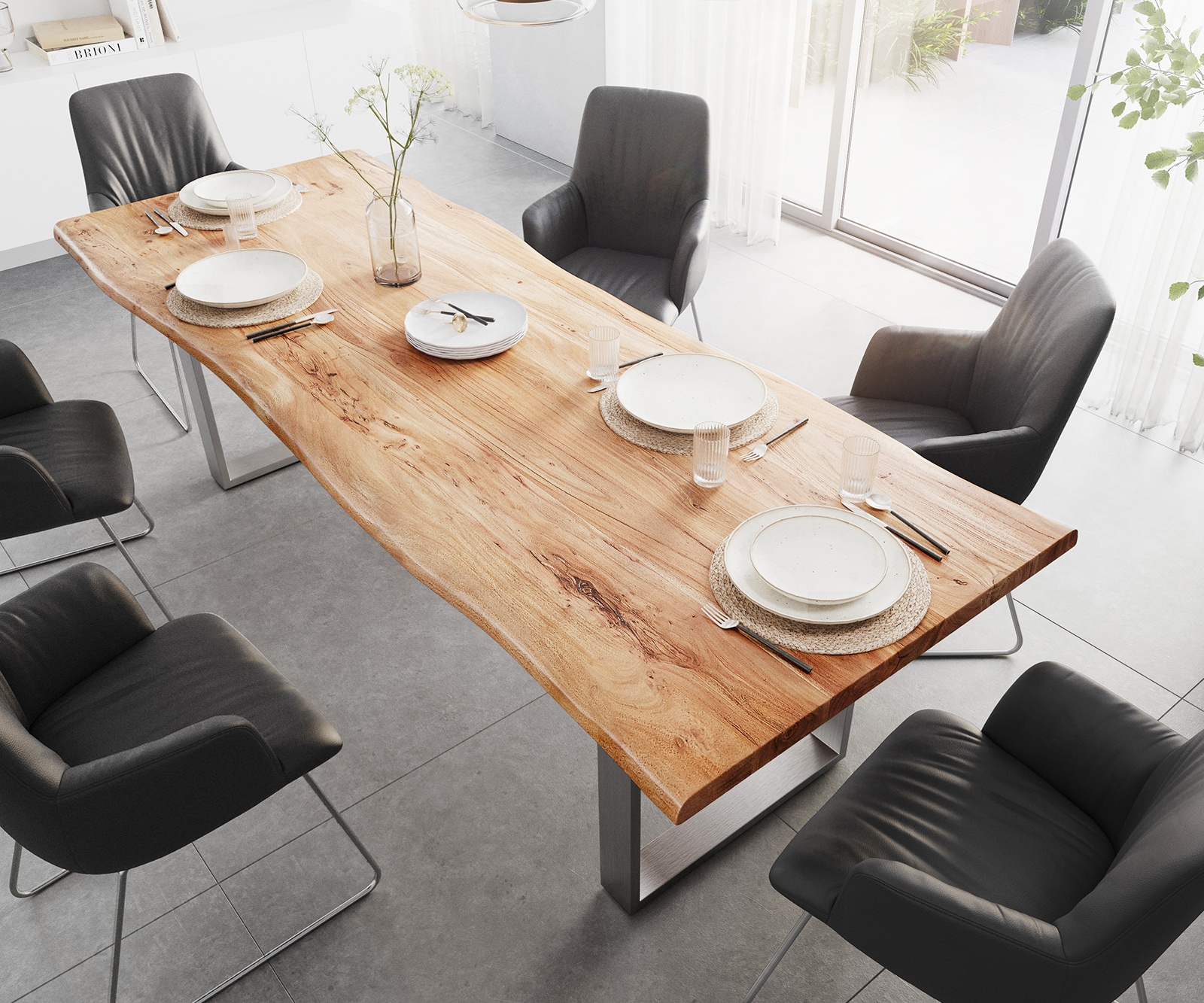 Table-à-manger Edge 260x100 XL acacia nature acier inoxydable mince Live-Edge 2 Table-à-manger Edge 260x100 XL acacia nature acier inoxydable mince Live-Edge 2