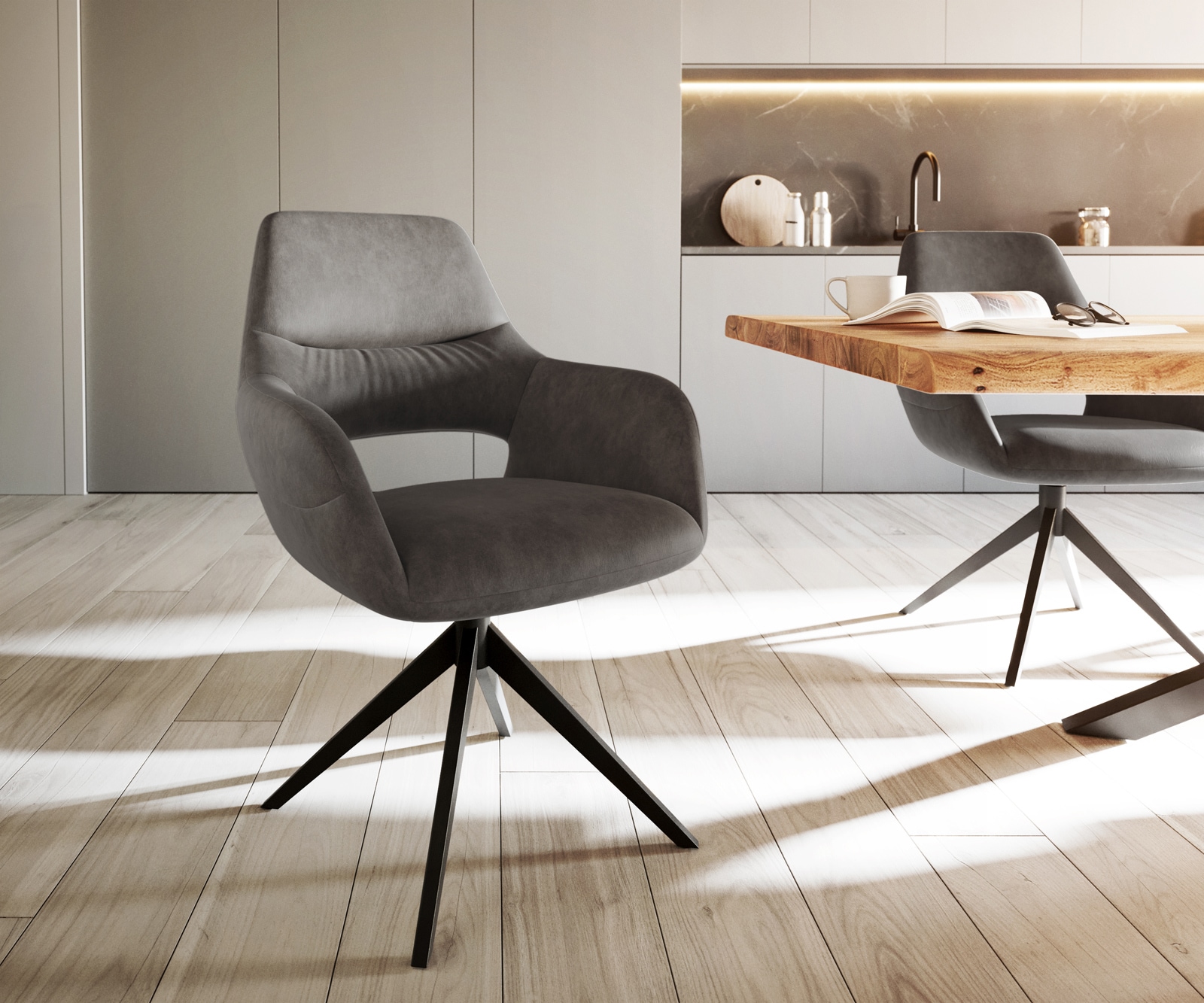 Chaise-de-salle-à-manger Yago-Flex avec accoudoirs microvelours anthracite vintage pied croisé large noir ressorts ensachés Chaise-de-salle-à-manger Yago-Flex avec accoudoirs microvelours anthracite vintage pied croisé large noir ressorts ensachés