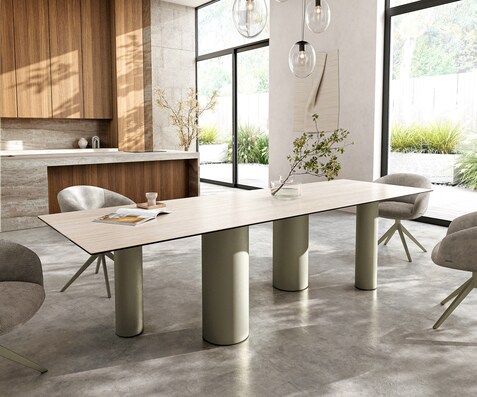 Table à manger Edge 300x100 céramique Laminam® Travertino Bianco crème-blanc Pilier métal effet finition titanee