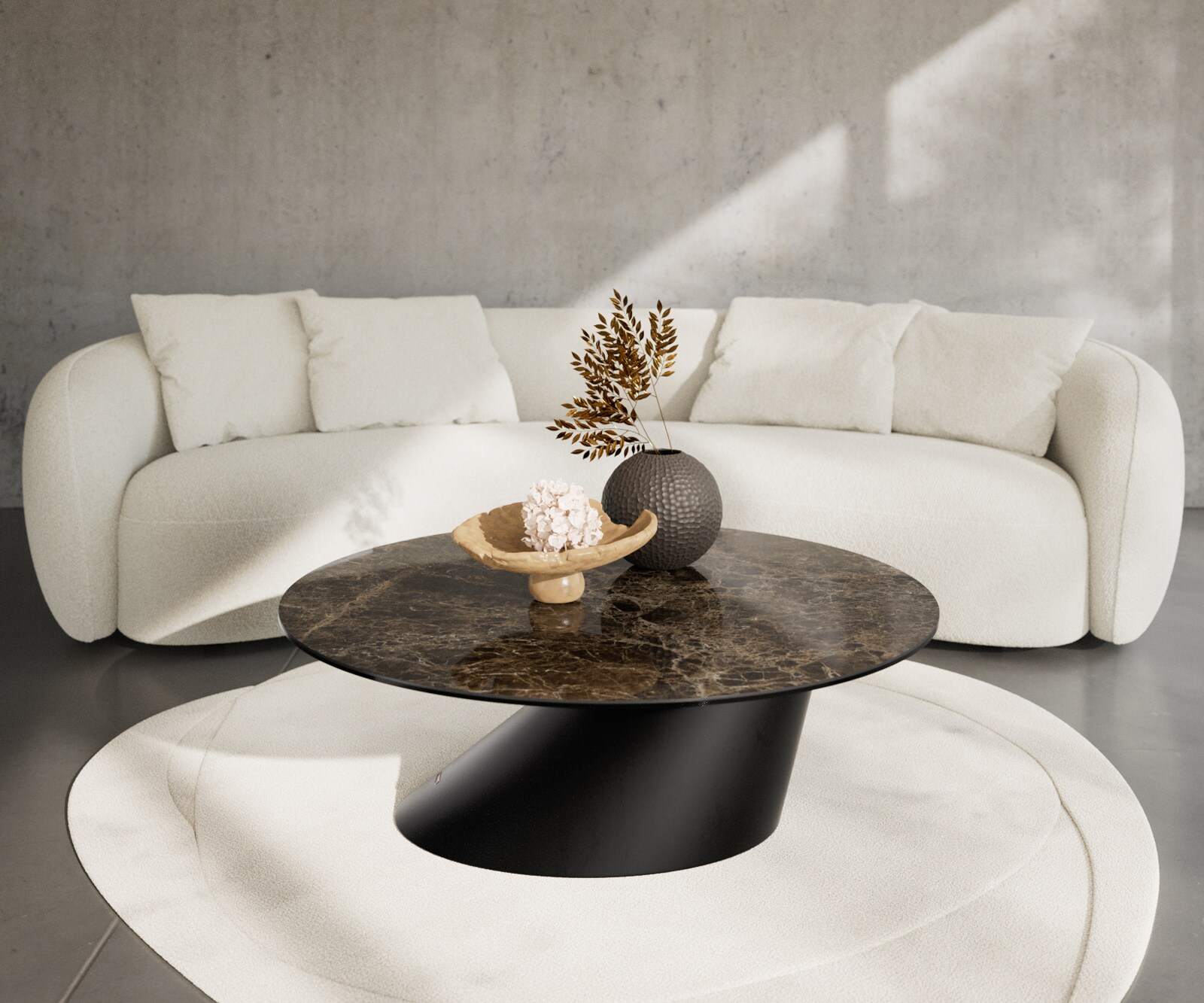 Table basse Edge rond 100x100 cm céramique Laminam® Emperador Extra Lucidato brun foncé Conis métal noir 1