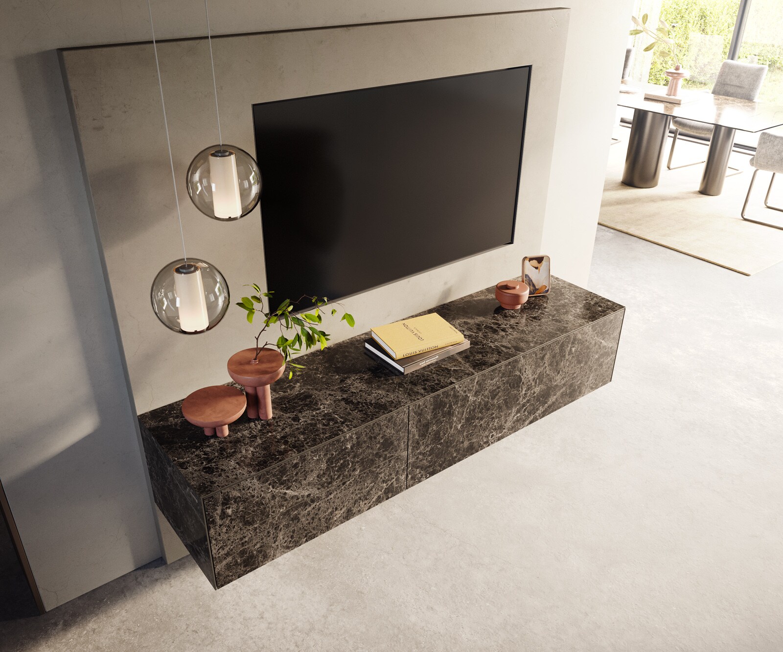 Meuble-TV Cuor 180 cm Céramique Laminam® Emperador Extra Lucidato brun foncé 1 Clapet 2 Tiroirs Flottant 4