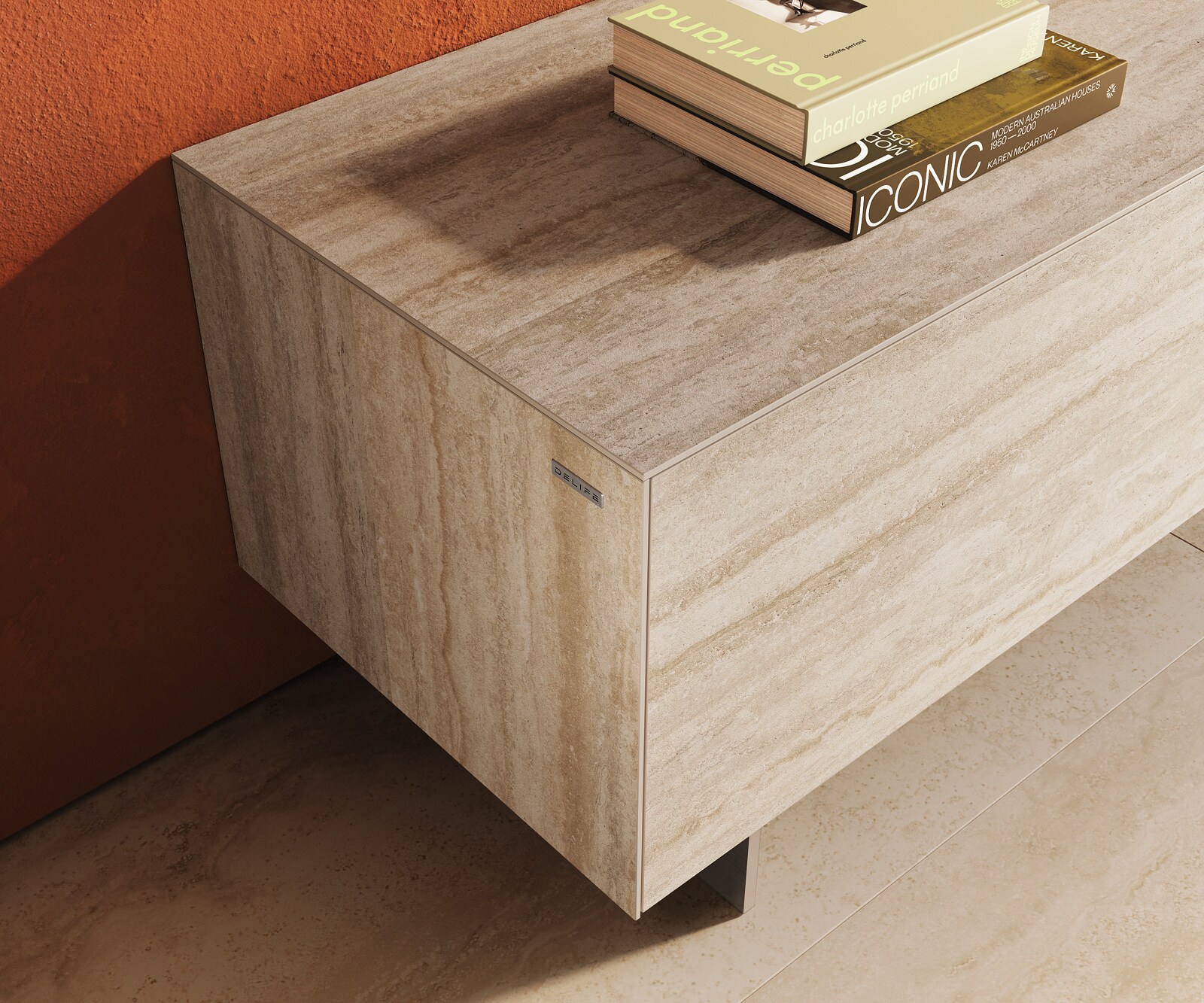 Meuble-TV Cuor 220 cm Céramique Laminam® Travertino Bianco Crème-blanc 1 Clapet 2 Tiroirs Pied optique flottant Ancier inoxydable 6