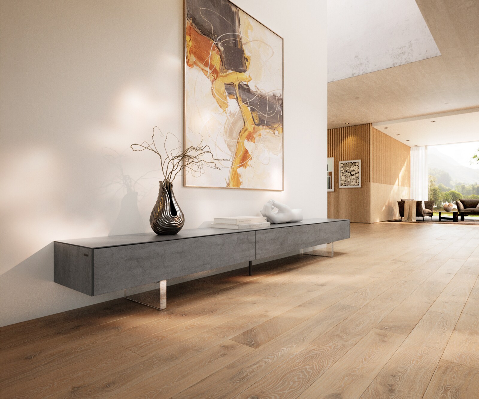 Meuble-TV Cuor 250 cm Céramique Béton gris 1 Clapet 1 Tiroir Pied optique flottant Verre acrylique
