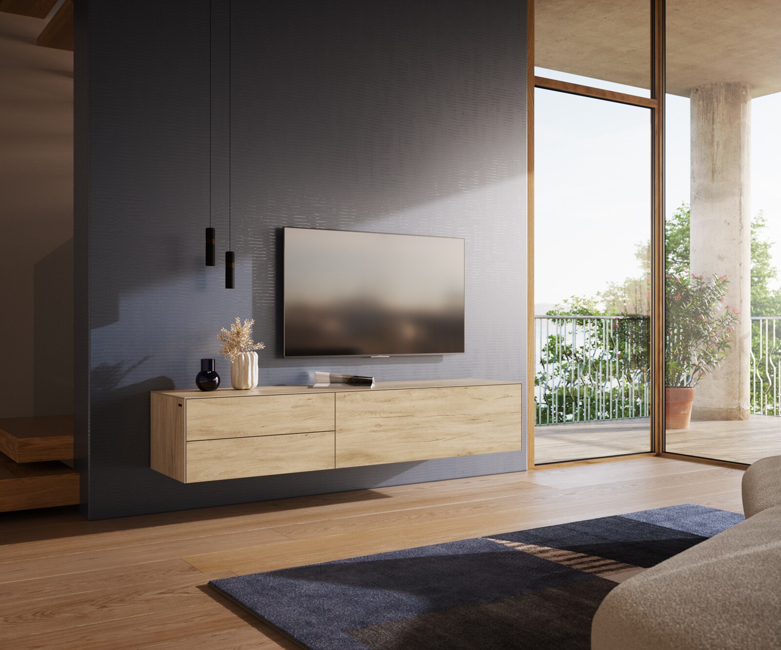 Meuble-TV Cuor 180 cm Céramique Laminam® Sabbia Teinte chêne 1 Clapet 2 Tiroirs Flottant