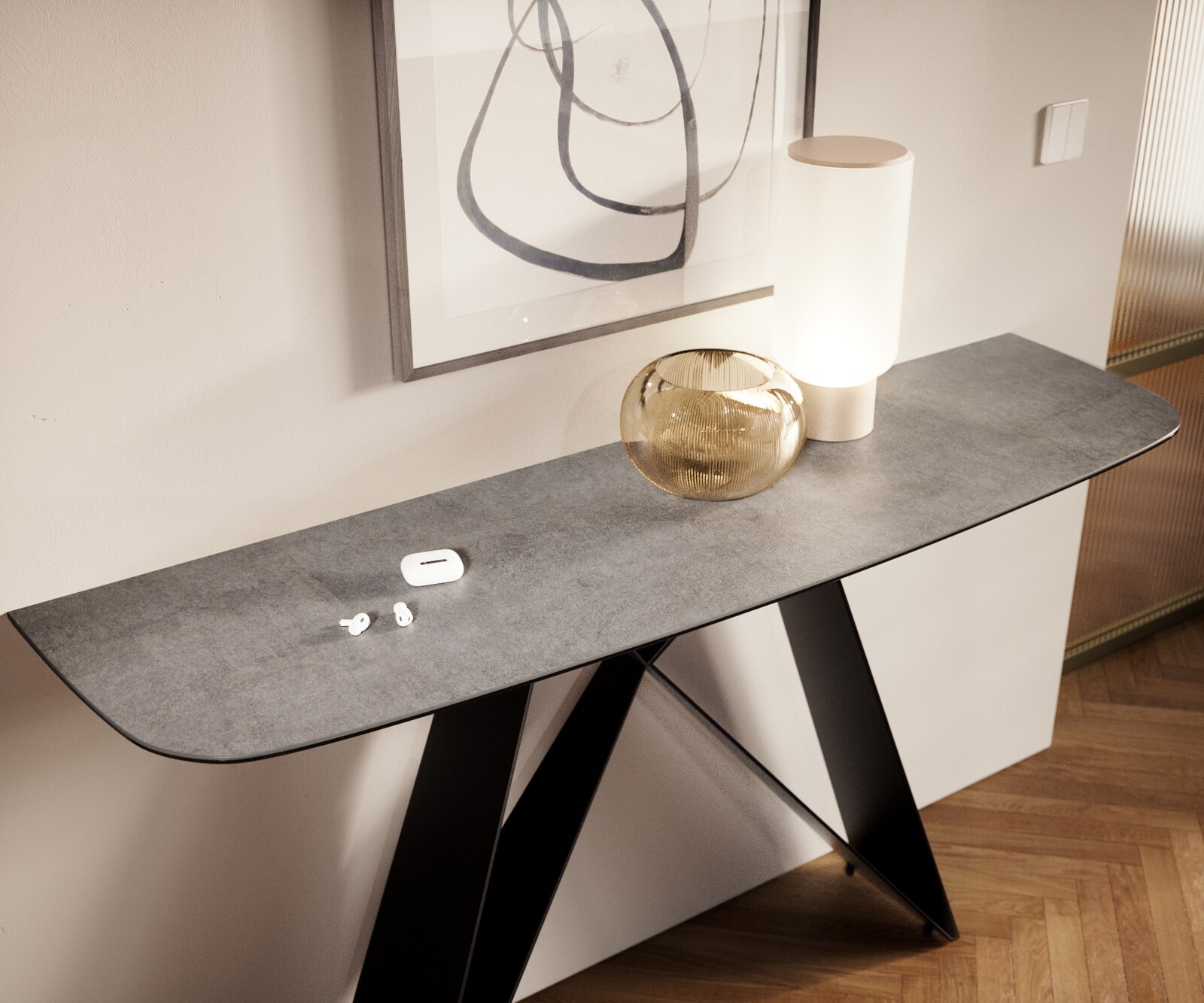Console Edge forme bateau 140x40 cm Céramique Gris béton Velio Métal Noir 6