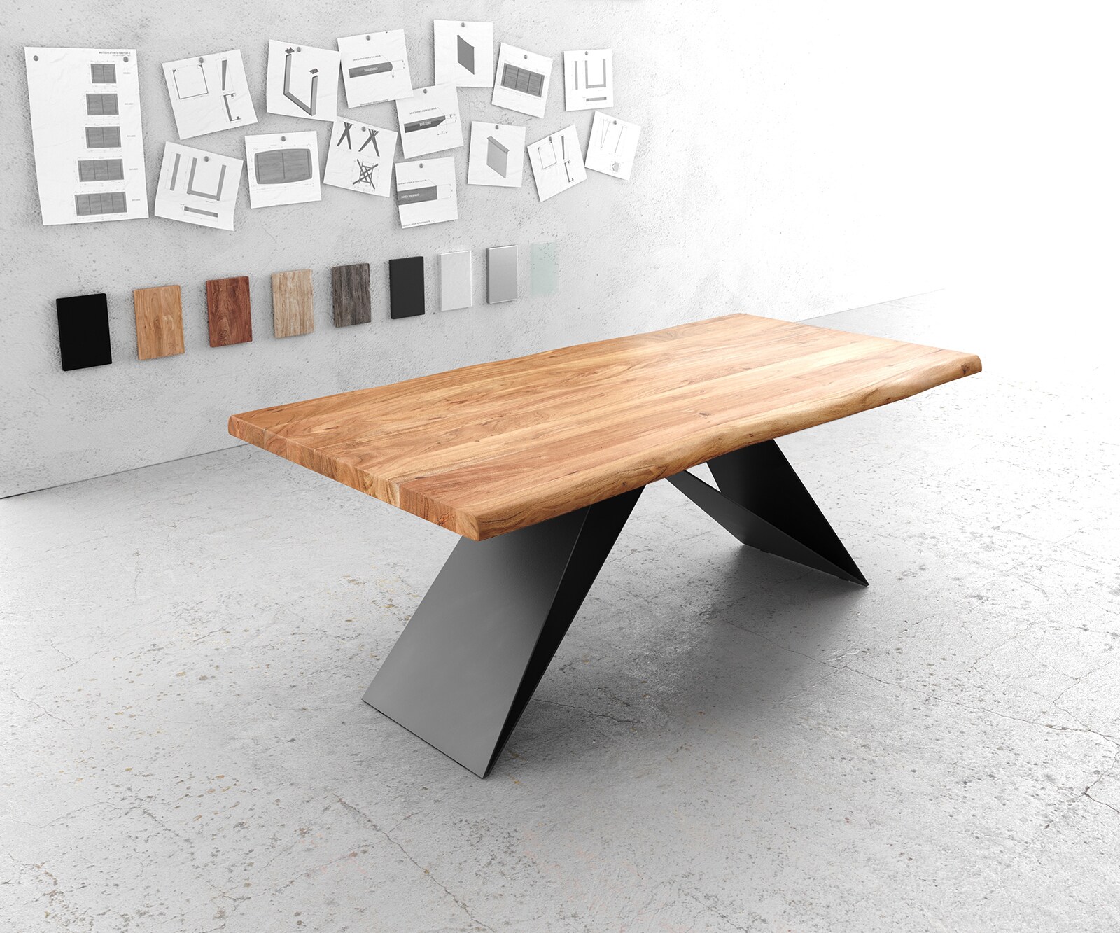 Table à manger Edge 200x100 XL acacia naturel piétement en V acier plat noir Live-Edge 1