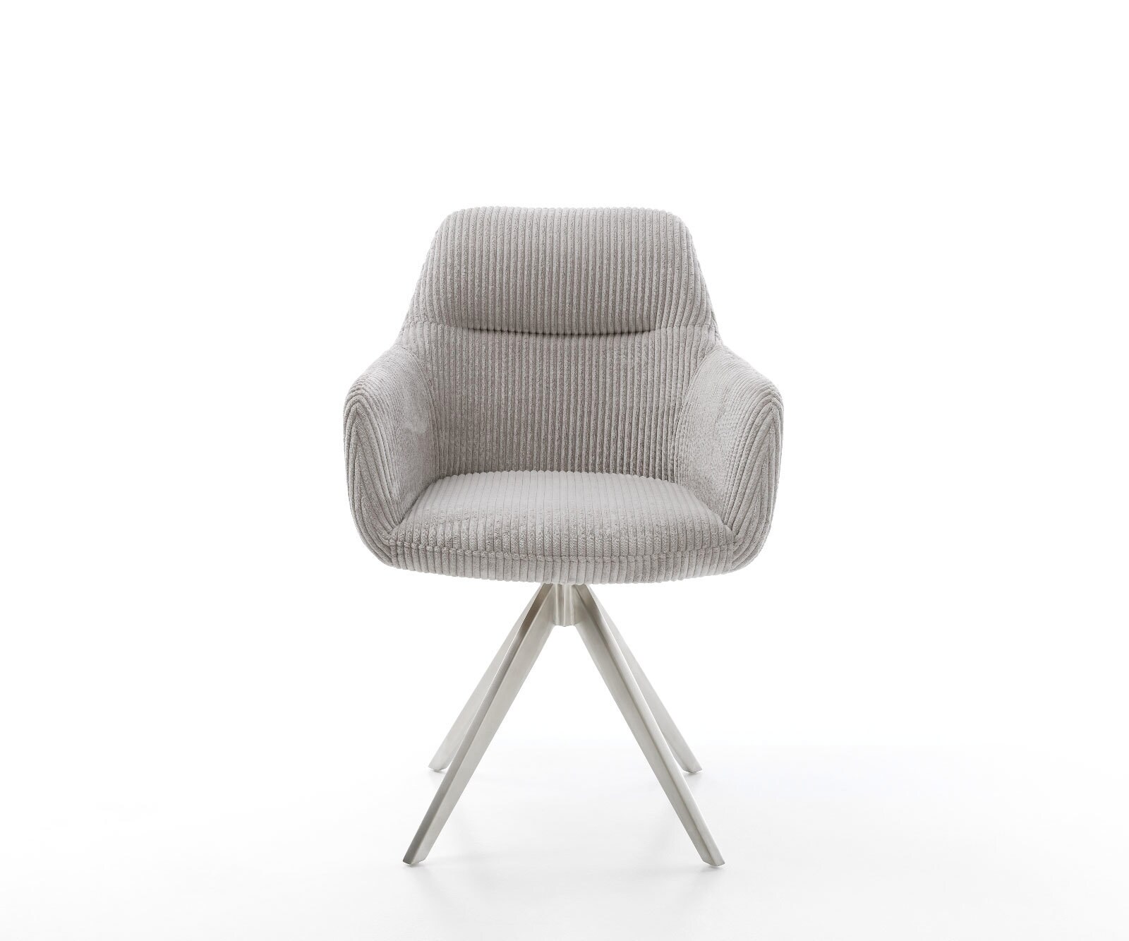 Chaise-de-salle-à-manger Pejo-Flex côtelé gris argenté pied croisé angulaire acier inoxydable brossé ressorts ensachés 1