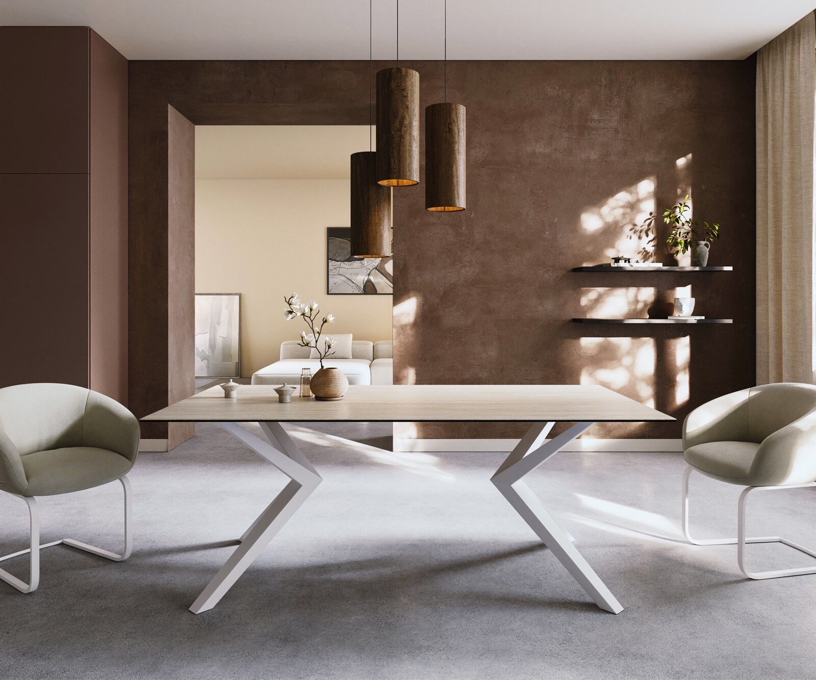 Table à manger Edge 200x100 céramique Laminam® Travertino Bianco crème-blanc Zenthara Angulaire métal blanc 1