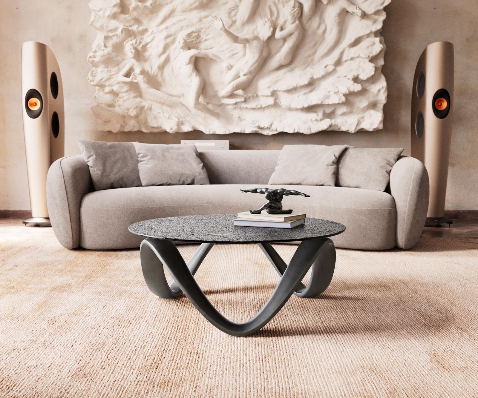 Table basse Tanju 90x90 cm argent avec verre en relief gris 1