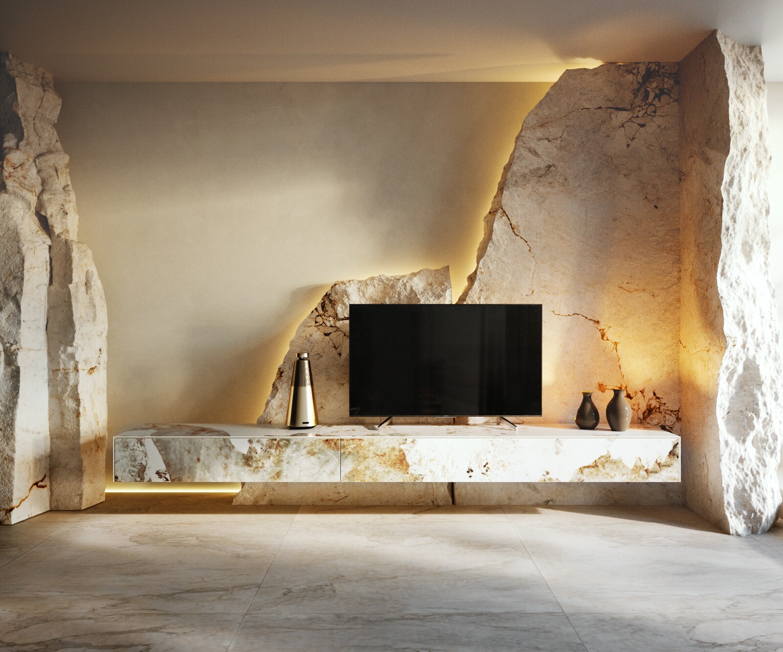 Meuble-TV Cuor 250 cm Céramique Minas Melange Blanc-beige 1 Clapet 1 Tiroir Flottant 1