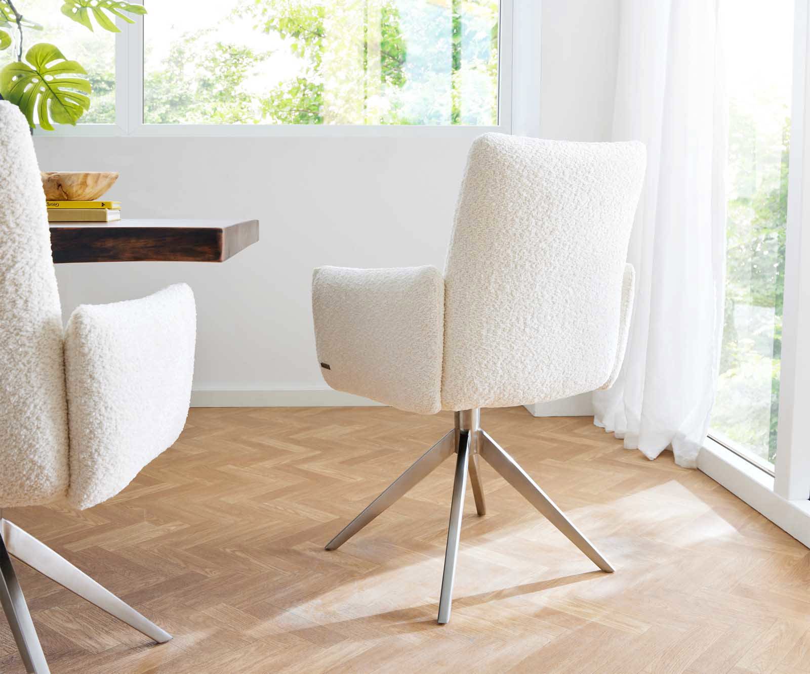 Chaise-pivotante Jova-Flex avec accoudoirs bouclé blanc pied croisé large acier inoxydable brossé pivotement sur 360° ressorts ensachés 4 Chaise-pivotante Jova-Flex avec accoudoirs bouclé blanc pied croisé large acier inoxydable brossé pivotement sur 360° ressorts ensachés 4