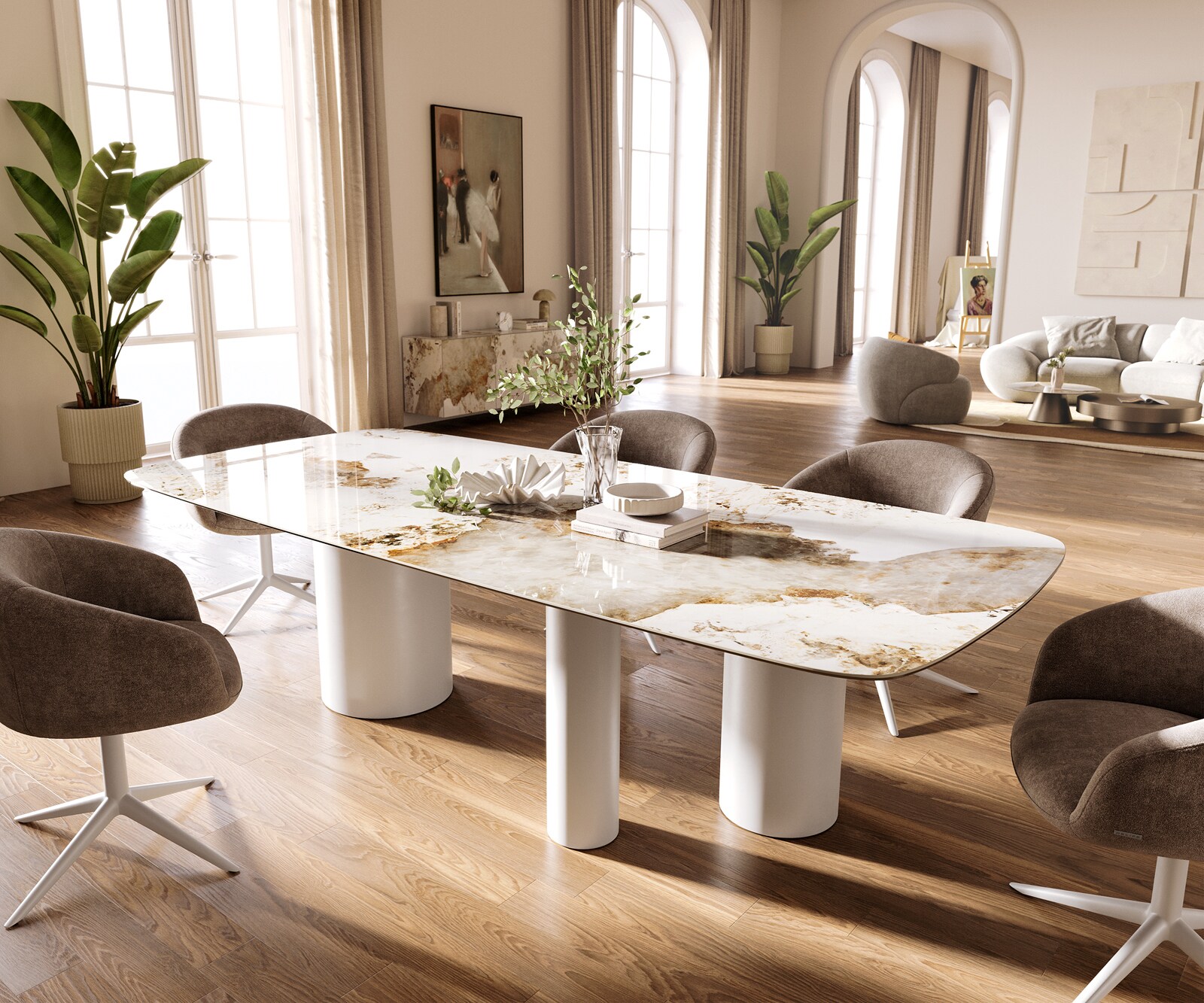 Table à manger Edge Boot 260x120 cm Céramique Minas Melange Blanc-Beige Troa Métal Blanc