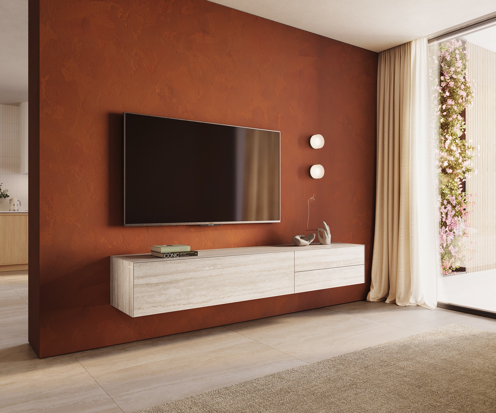 Meuble-TV Cuor 220 cm Céramique Laminam® Travertino Bianco Crème-blanc 1 Clapet 2 Tiroirs Flottant