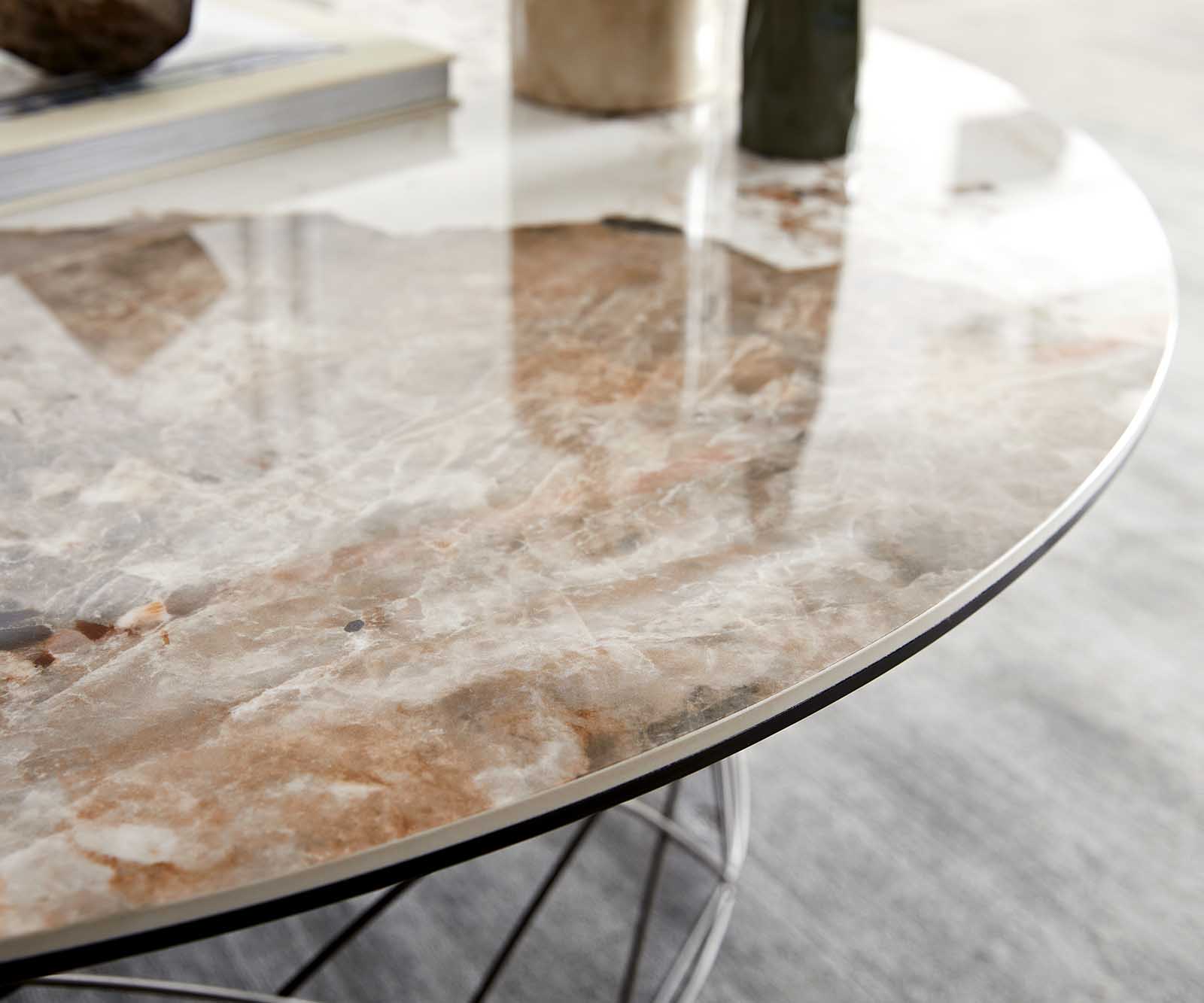 Table-basse Lassina 100x100 cm Céramique Minas Melange Blanc-Beige Piétement métal effet titane 5