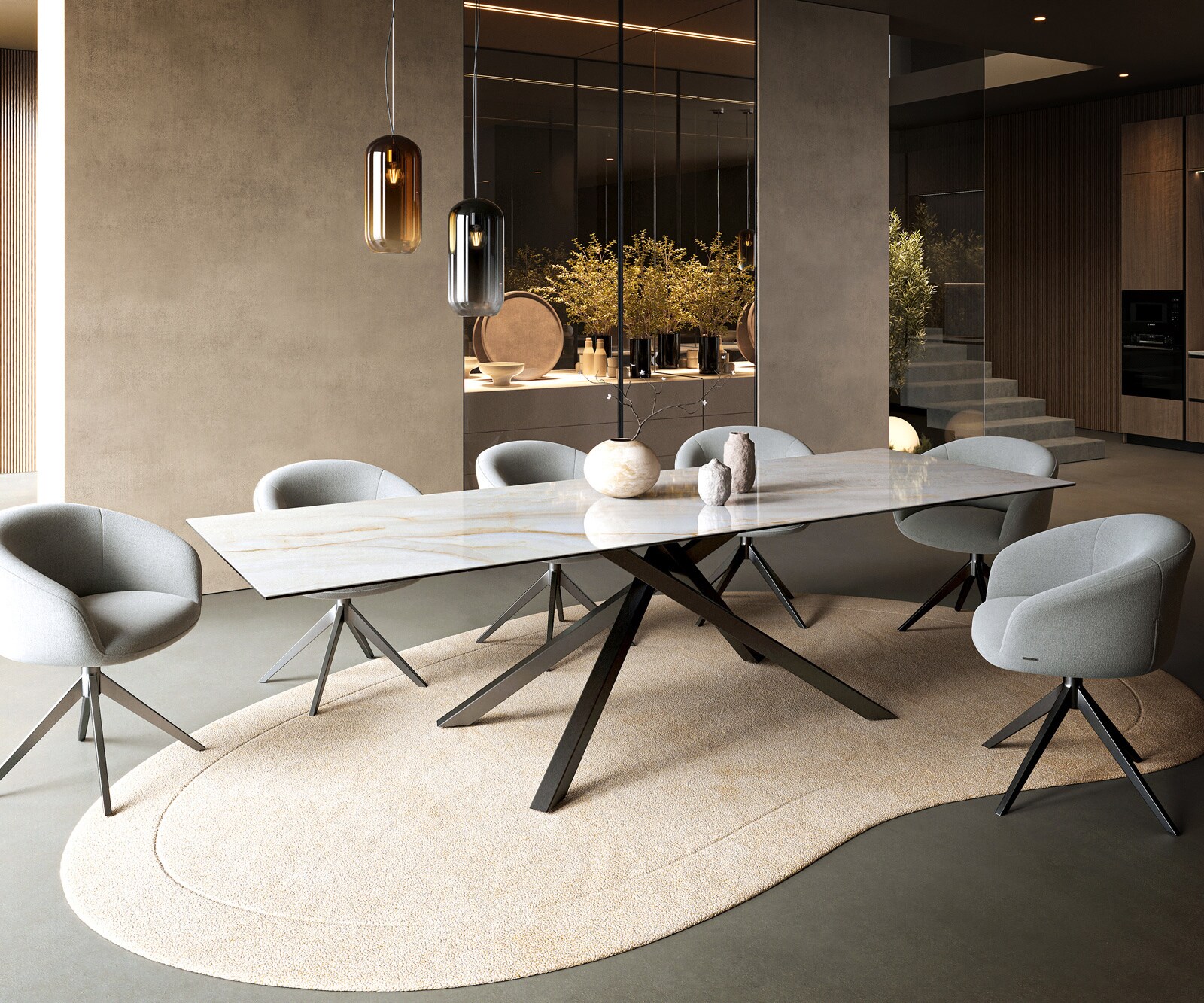 Table à manger Edge 300x100 cm céramique Onyx Pearl piètement croisé rectangulaire inox graphite 7