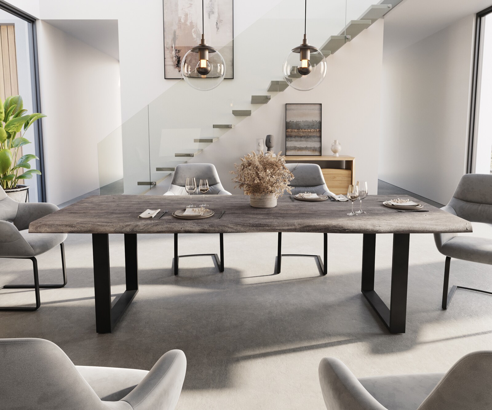 Table à manger Edge 260x100 XL acacia platine patin noir Live-Edge 1