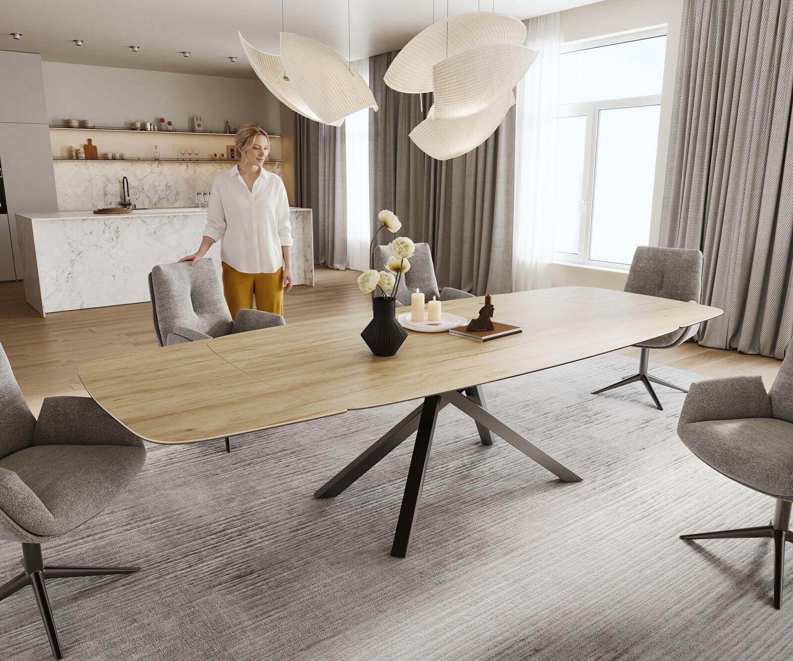 Table à manger Edge Boot 200-300x120 cm Céramique Laminam® Sabbia Eichefarbig piètement en croix Rectangle Acier inoxydable Graphite extensible 1