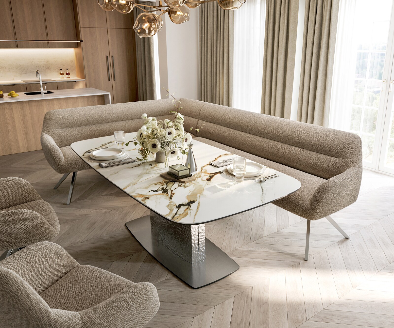 Banc-de-salle-à-manger Taya-Flex 285x190 cm bouclé boue pied croisé angulaire acier inoxydable ressort ensaché à droite 1