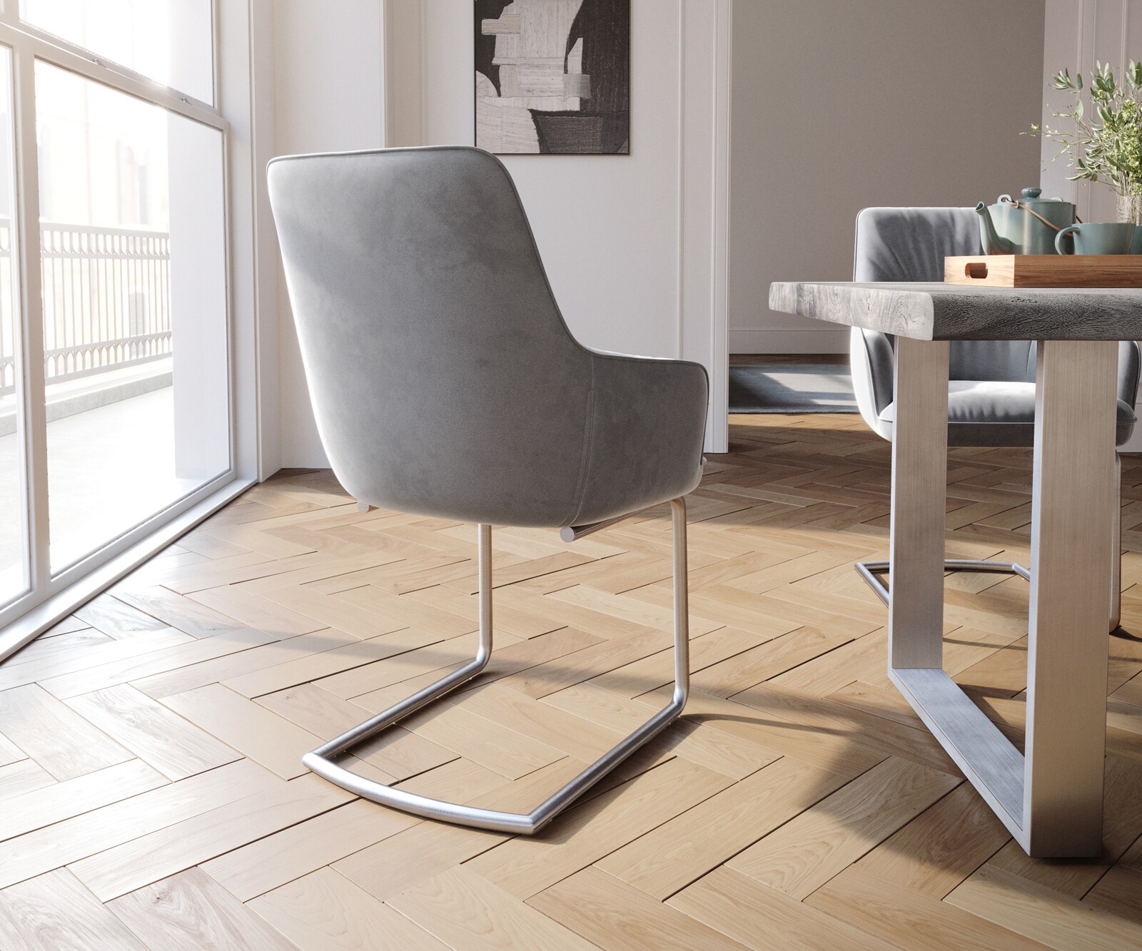 Cantilever Zelia-Flex avec accoudoirs velours gris pied cantilever rond acier inoxydable brossé ressorts ensachés 4 Cantilever Zelia-Flex avec accoudoirs velours gris pied cantilever rond acier inoxydable brossé ressorts ensachés 4
