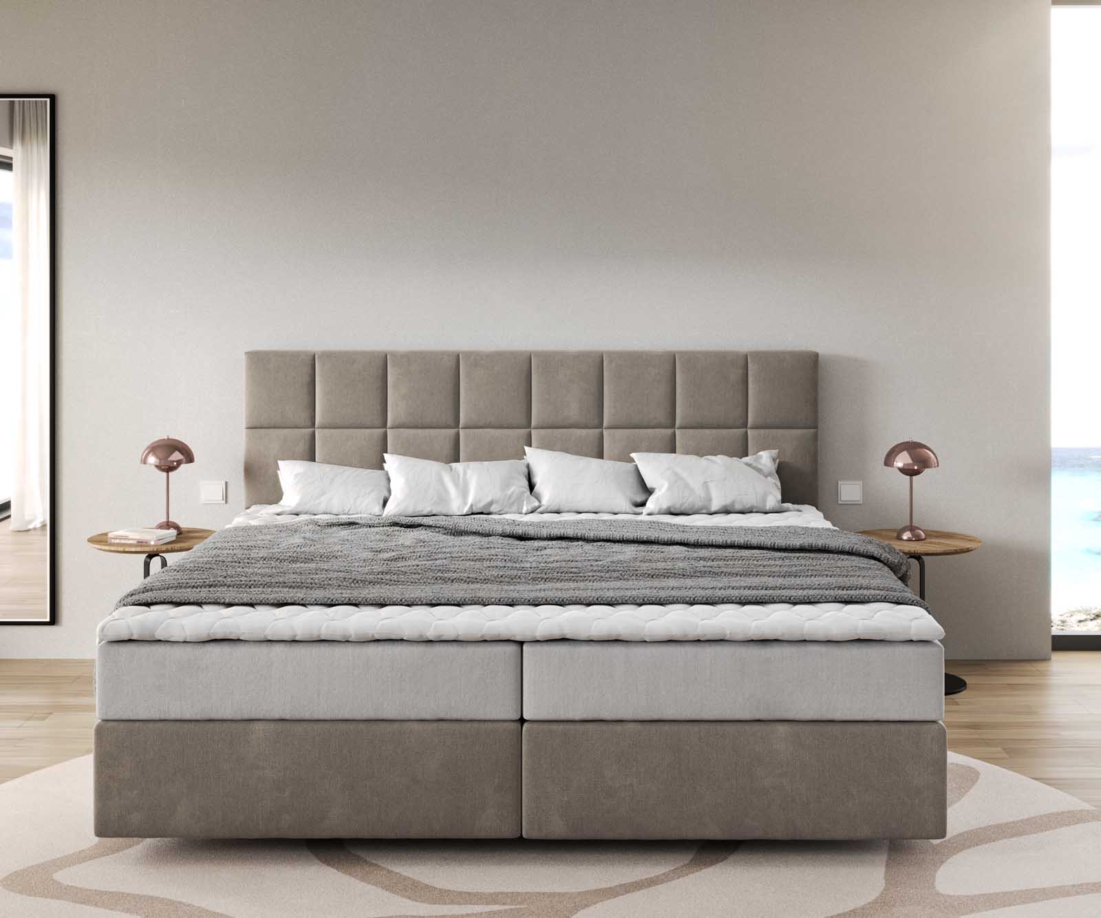 Lit à sommier tapissier Dream-Fine microfibre beige 200x200 cm avec matelas à ressorts ensachés et Visco-Surmatelas 1