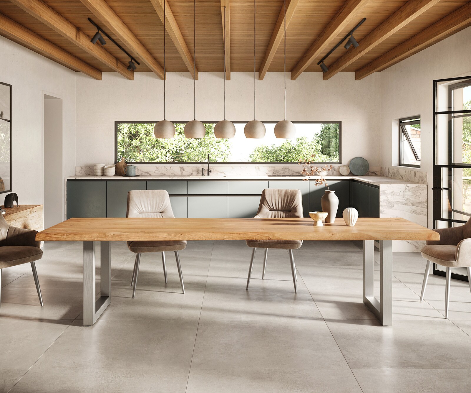 Table-à-manger Edge 300x100 XL acacia nature acier inoxydable large Live-Edge 1