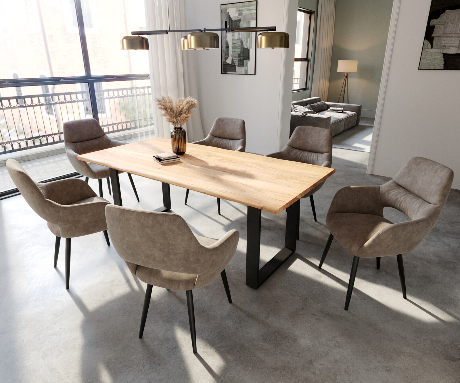 Chaise-de-salle-à-manger Yago-Flex avec accoudoirs microvelours taupe vintage 4 pieds coniques noir ressorts ensachés 4