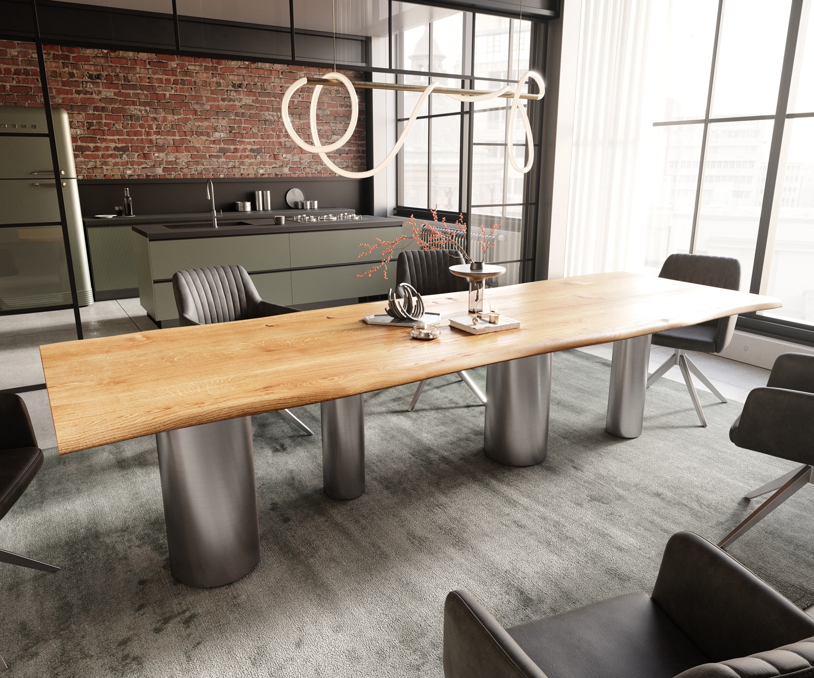 Table à manger Edge 300x100x4 chêne naturee Pilier acier inoxydable brossé Live-Edge 1
